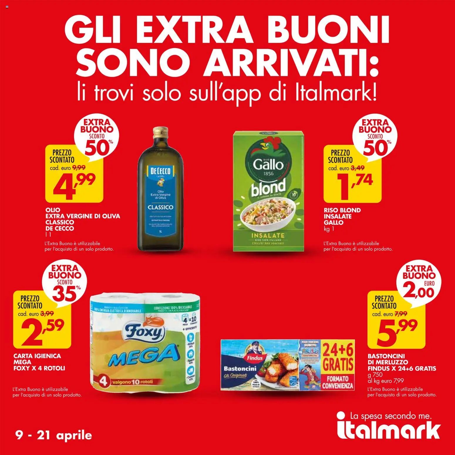 Volantino Italmark del 08.04.2026 | Pagina: 19 | Prodotti: Carta igienica, Riso, Merluzzo, Olio
