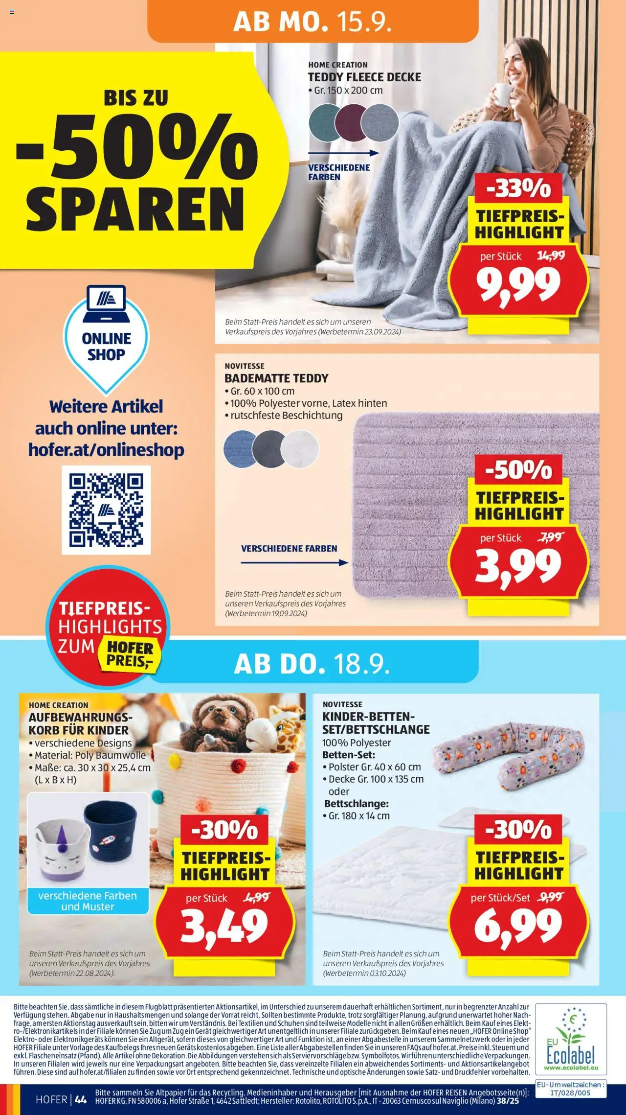 Hofer Flugblatt gültig ab 12.09.2025 | Seite: 48 | Produkte: Decke, Korb