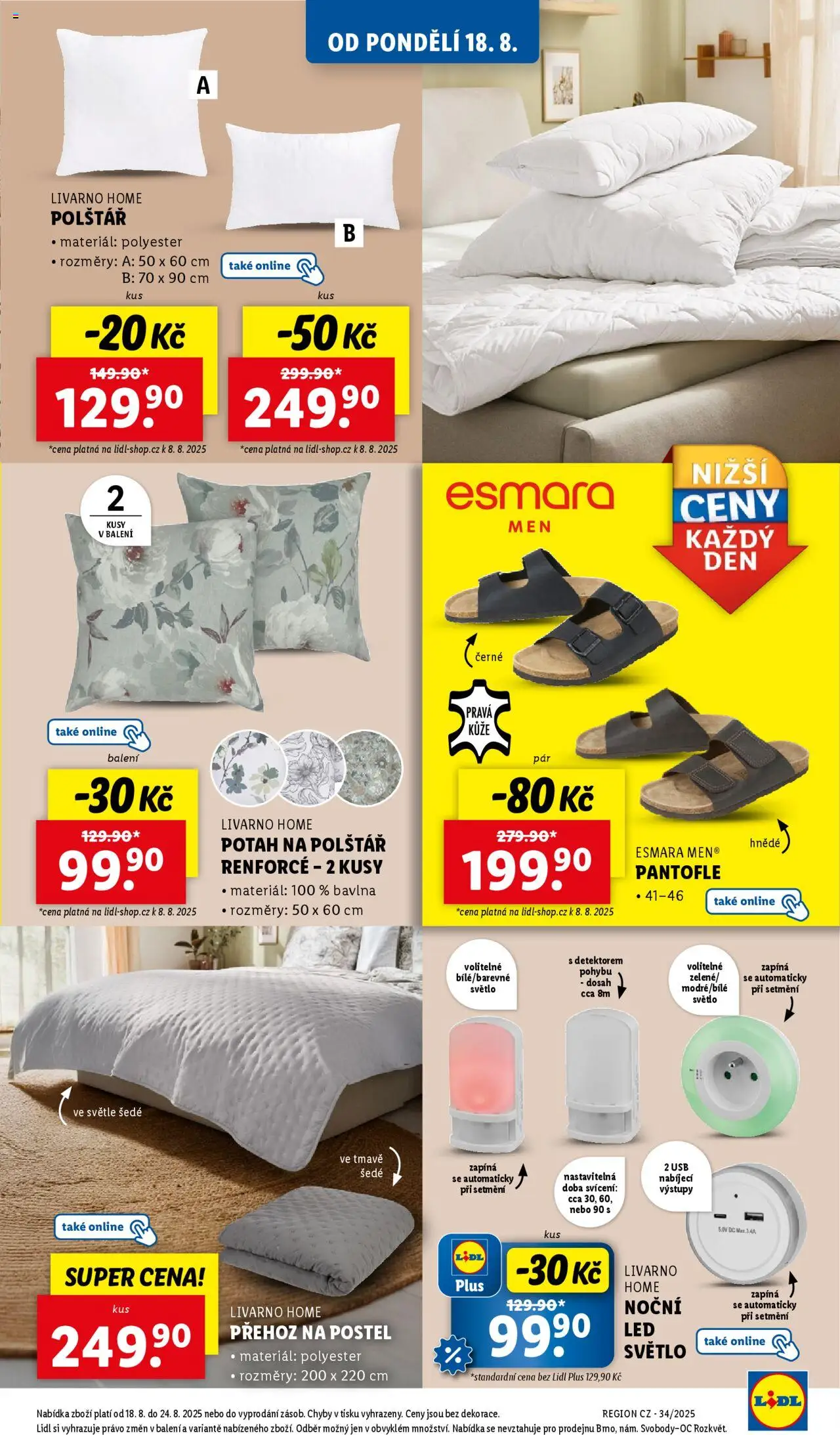 Lidl leták od 18.08.2025 | Strana: 45 | Produkty: Přehoz, Přehoz na postel, LED, LED světlo
