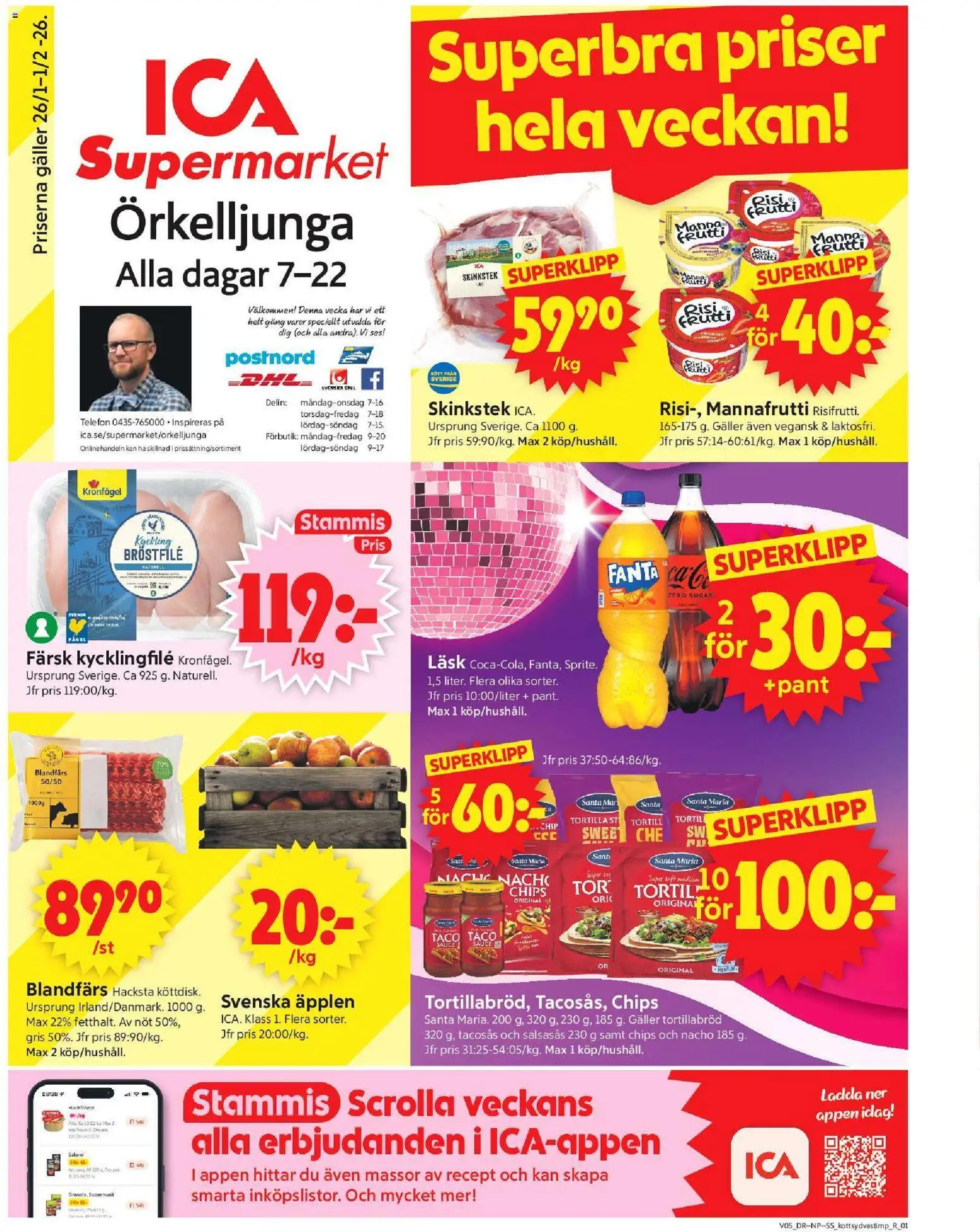 ICA Supermarket reklamblad aktuell från 26.01.2026 | Sida: 1 | Produkter: Tortilla, Kycklingfile, Chips, Salami