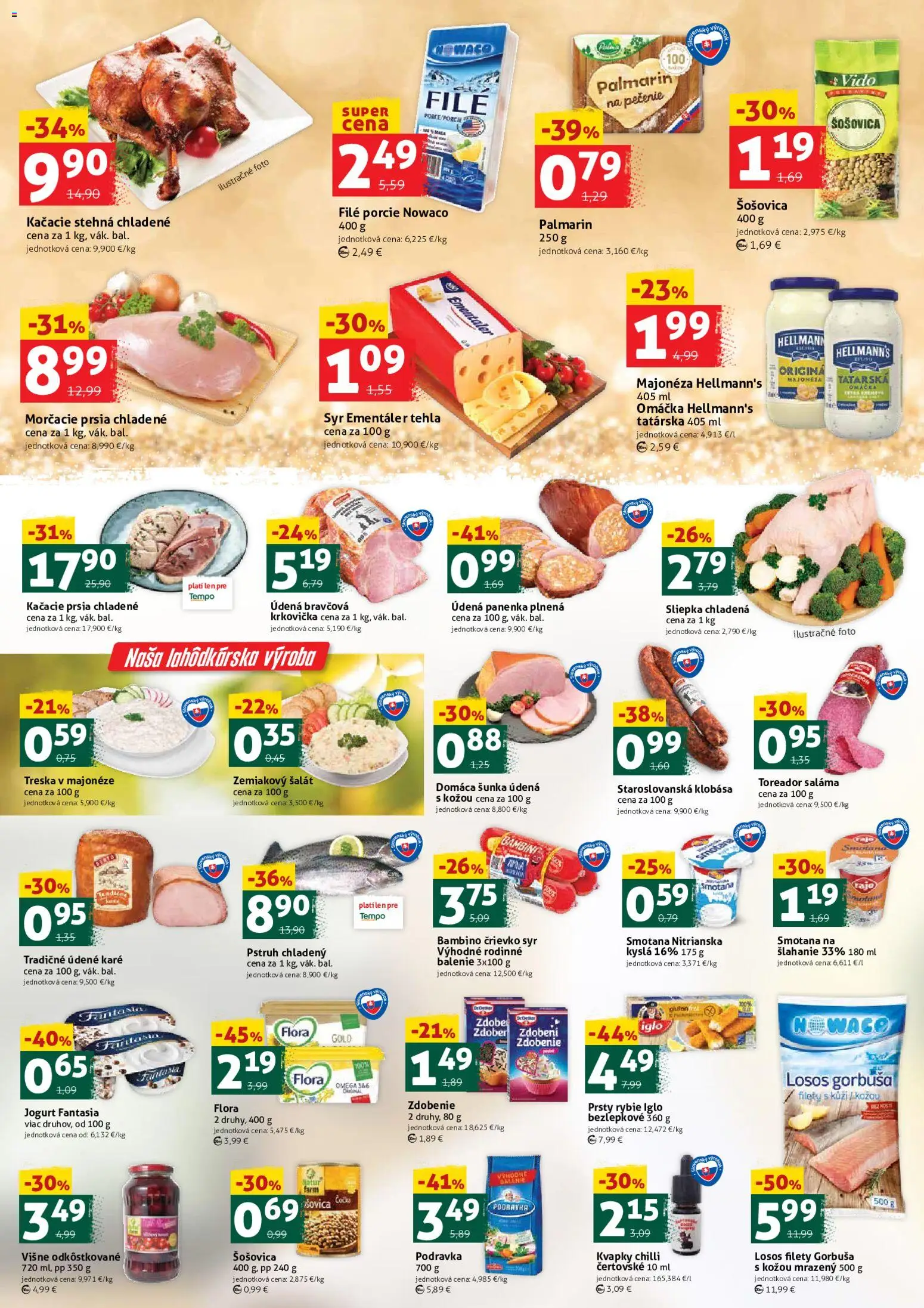 Nové COOP Jednota akcie – leták je platný od 19.12.2025 | Strana: 2 | Produkty: Syr, Kačacie prsia, Krkovička, Flora