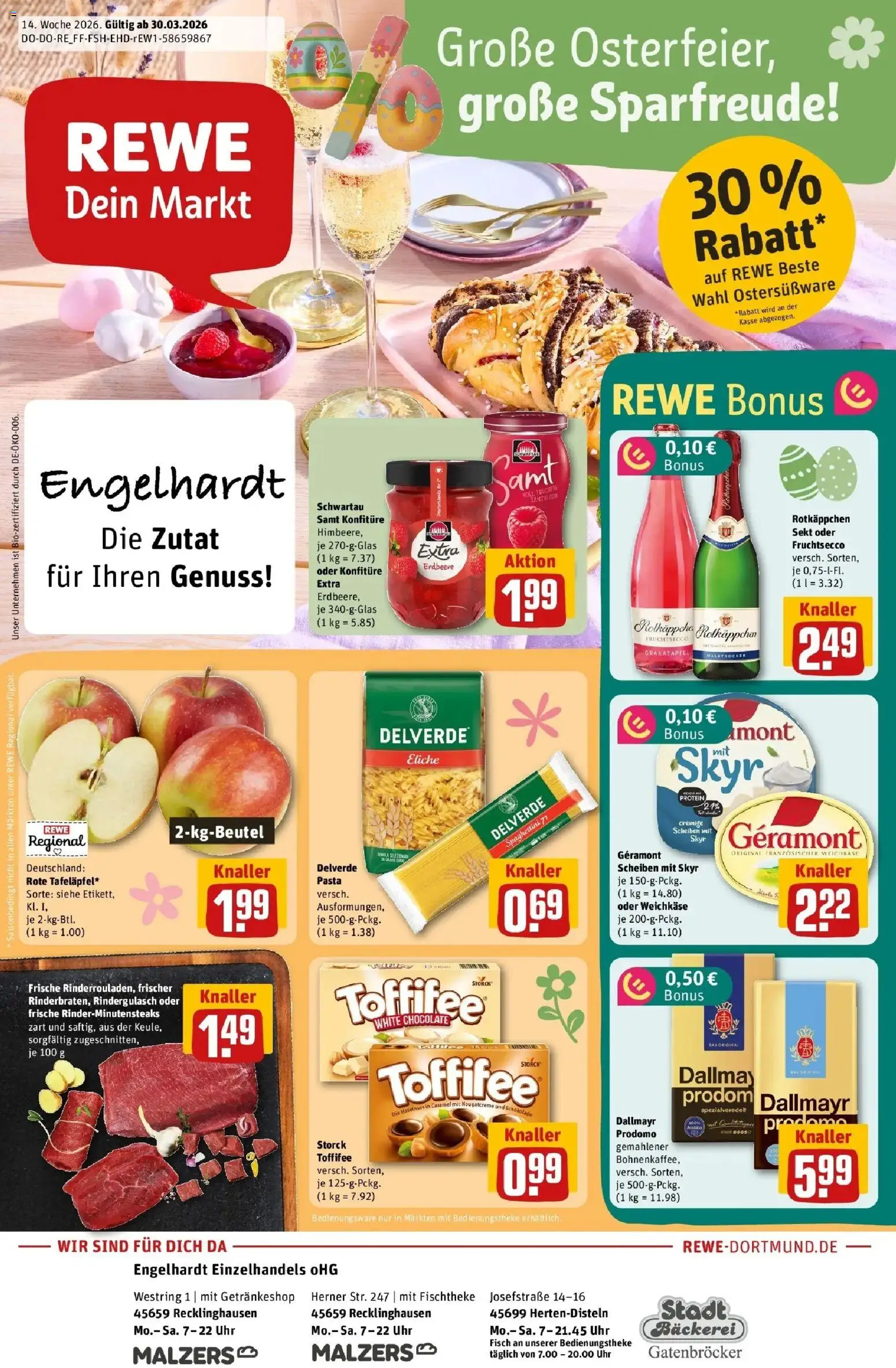 Rewe Prospekt Recklinghausen	 – gültig ab 30.03.2026 | Seite: 1 | Produkte: Geramont, Fruchtsecco, Pasta, Uhr