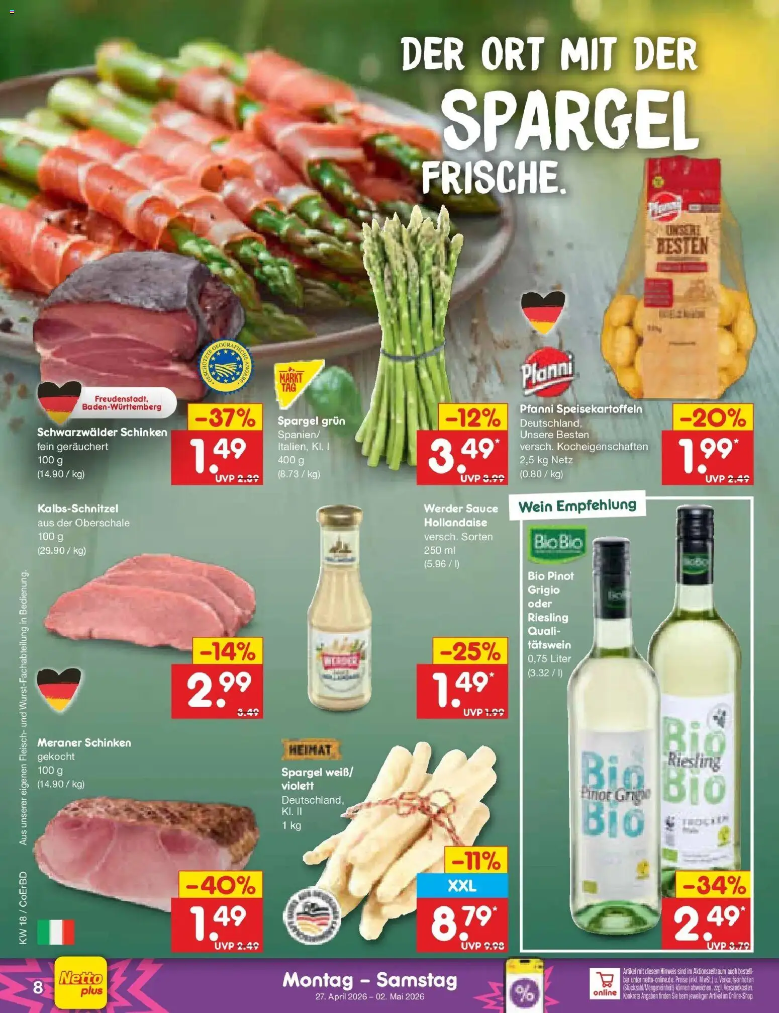 Netto Marken-Discount Prospekt Delitzsch	 – gültig ab 27.04.2026 | Seite: 10 | Produkte: Spargel, Schinken, Wein, Fleisch
