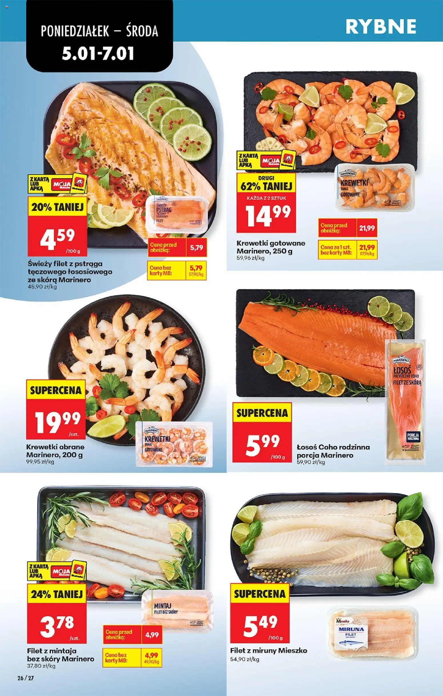 Biedronka gazetka od 05.01.2026 | Strona: 34 | Produkty: Świeży pstrąg, Miruna, Łosoś, Krewetki gotowane