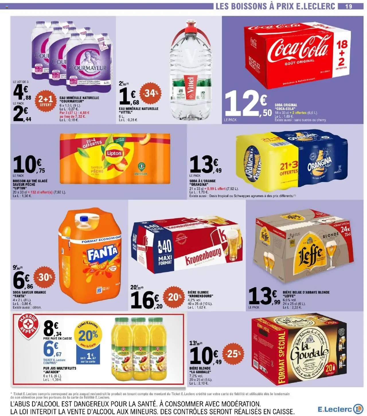  | Page: 19 | Produits: Eau minérale, Bière blonde, Thé glacé, Thé