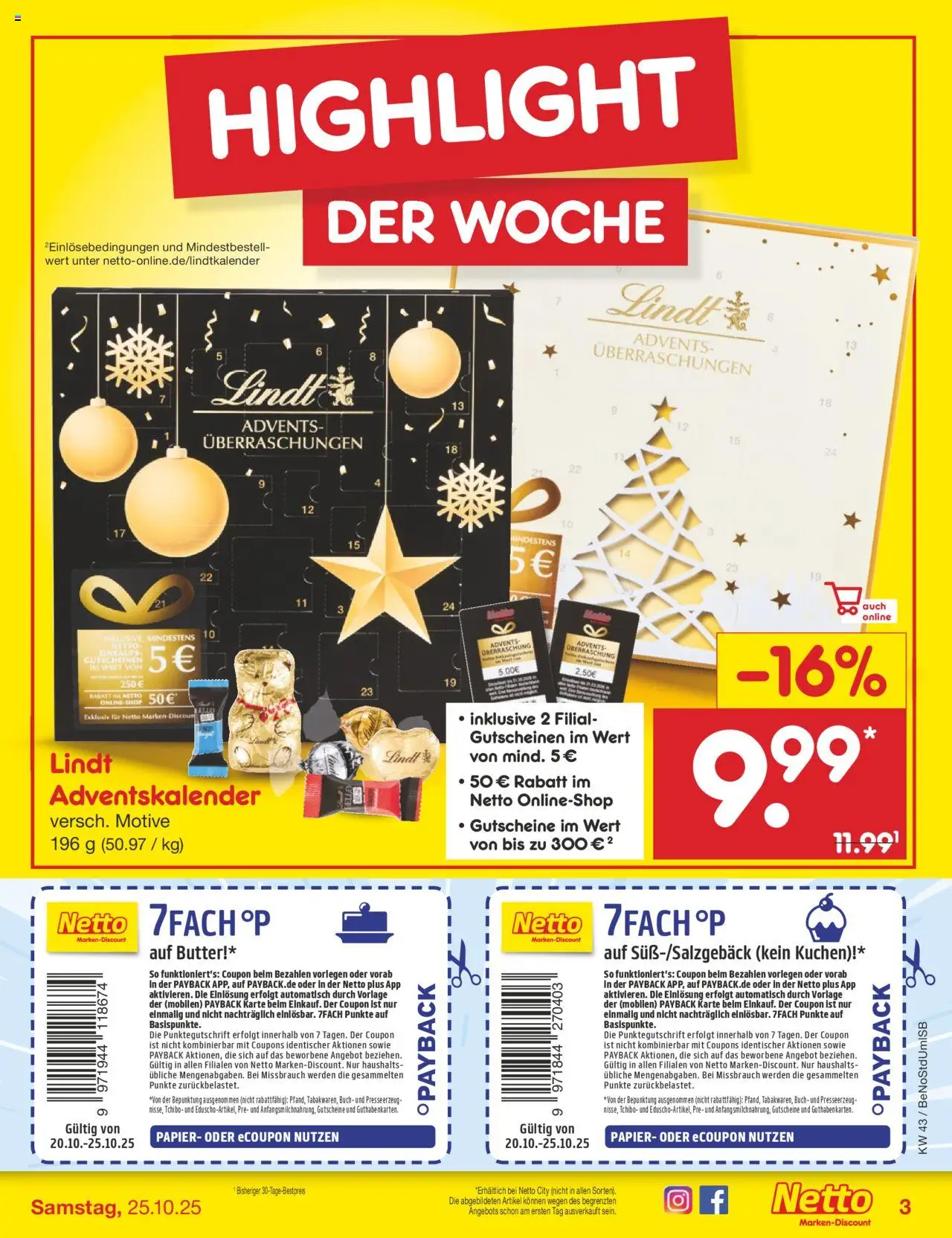 Netto Marken-Discount Prospekt 	 – gültig ab 20.10.2025 | Seite: 3 | Produkte: Butter, Lindt, Kuchen