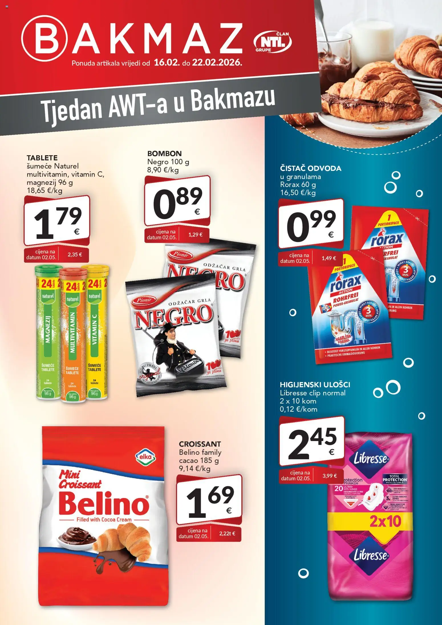 Bakmaz katalog | vrijedi od 16.02.2026 | Stranica: 1 | Proizvodi: Higijenski ulošci, Šumeće tablete, Libresse