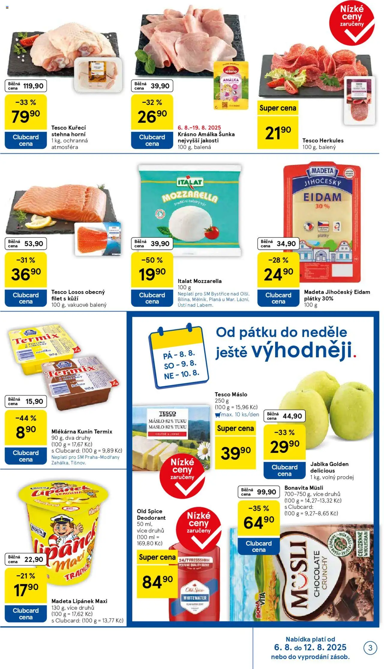 Tesco leták - Supermarket od 06.08.2025 | Strana: 3 | Produkty: Filet, Kakao, Old Spice, Mozzarella