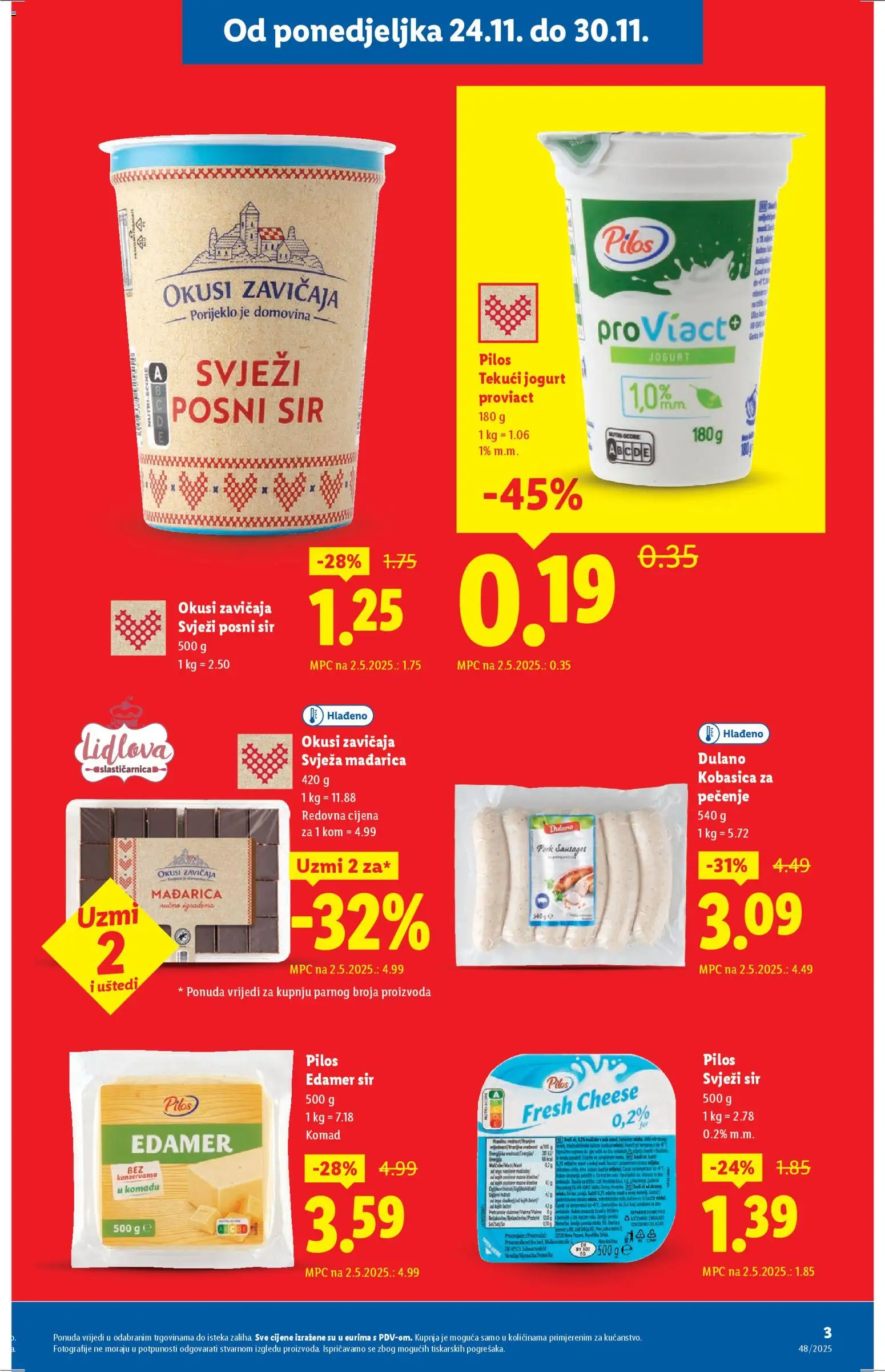 Lidl katalog | vrijedi od 24.11.2025 | Stranica: 3 | Proizvodi: Sir, Jogurt, Svježi sir, Kobasica