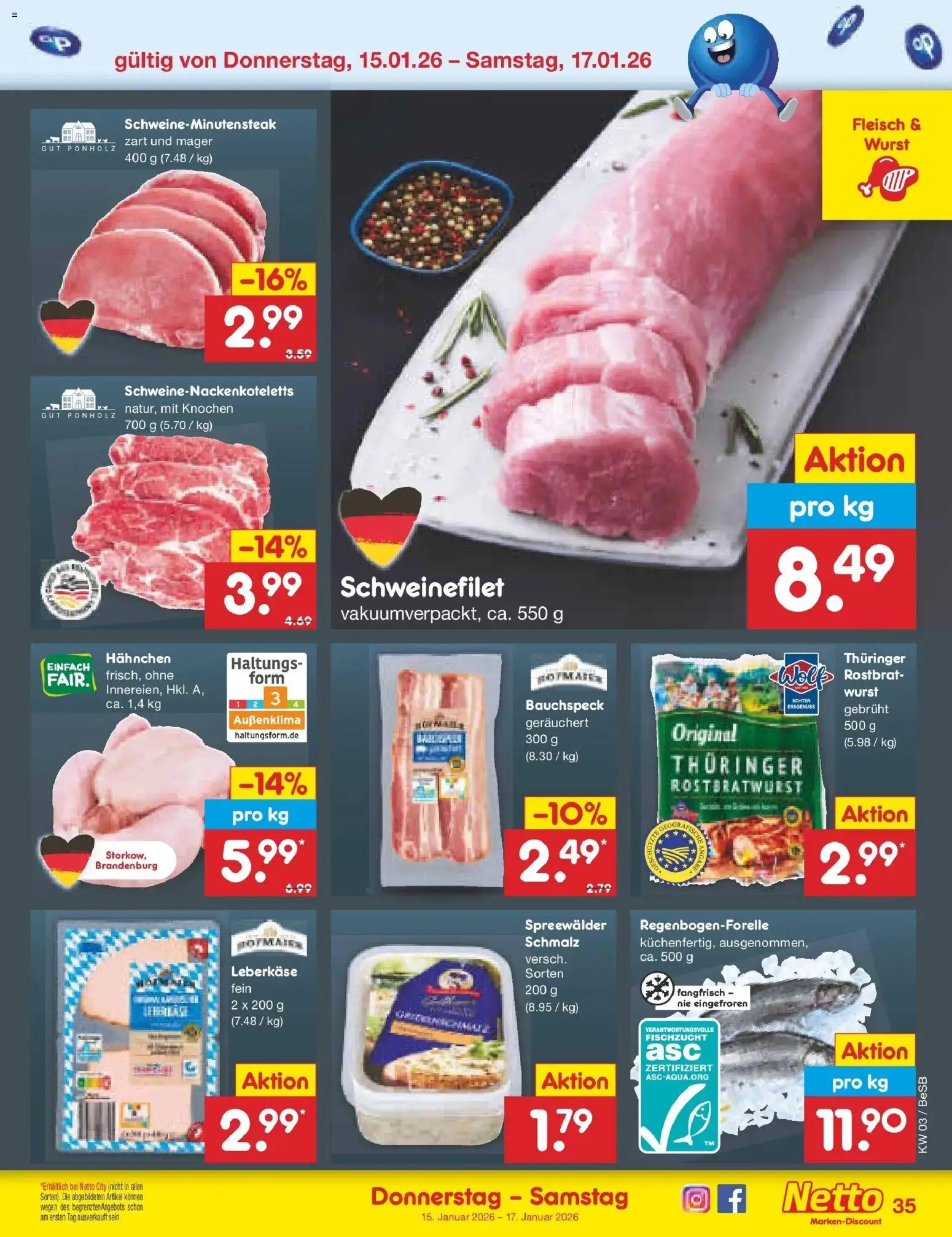Netto Marken-Discount prospekt Kremmen	 – gültig ab 12.01.2026 | Seite: 45 | Produkte: Hahnchen, Schweinefilet, Wurst, Leberkase