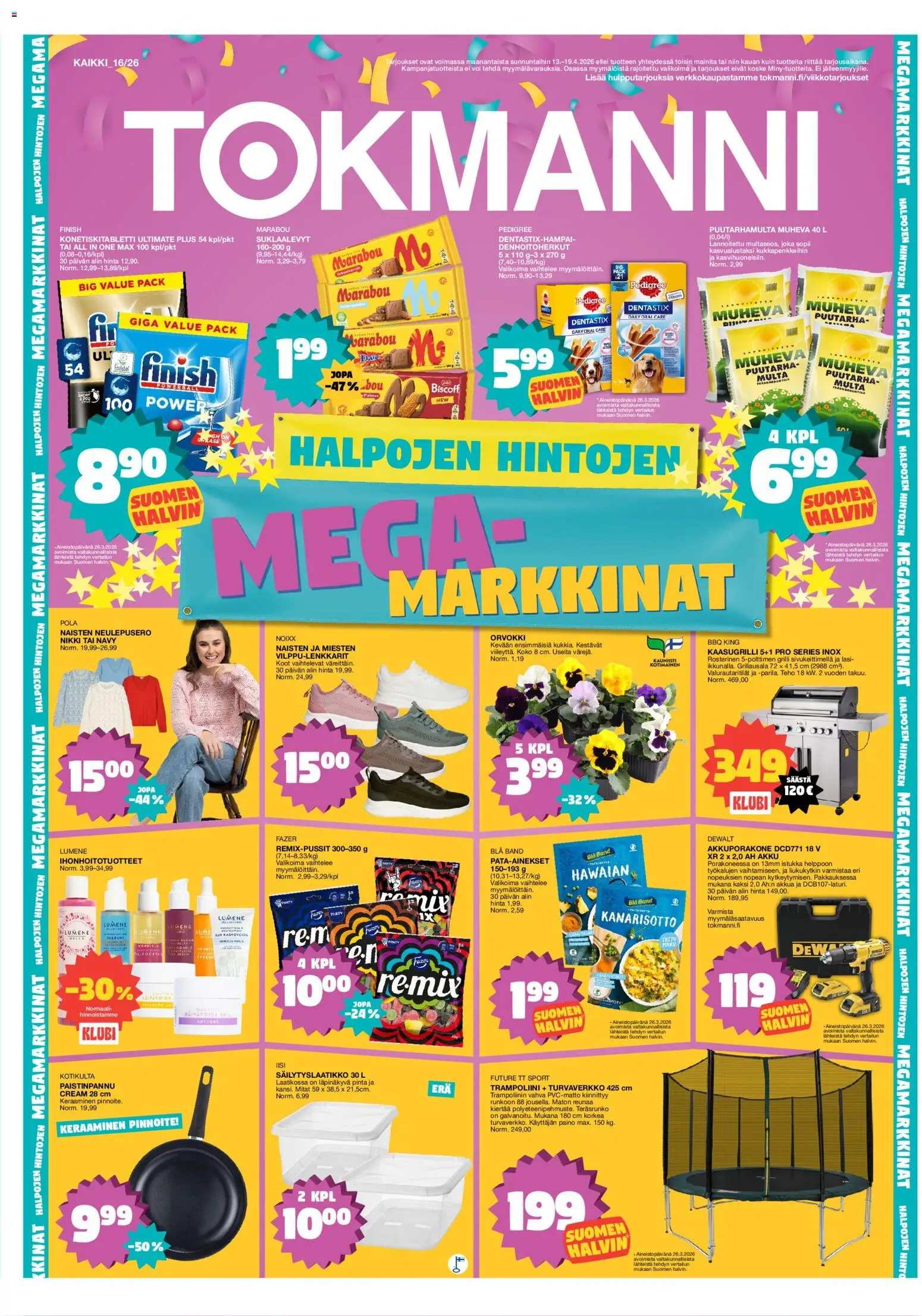Tokmanni tarjoukset – voimassa 13.04.2026 alkaen | Sivu: 1 | Tuotteet: Grilli, Akku, Suklaalevyt, Voi