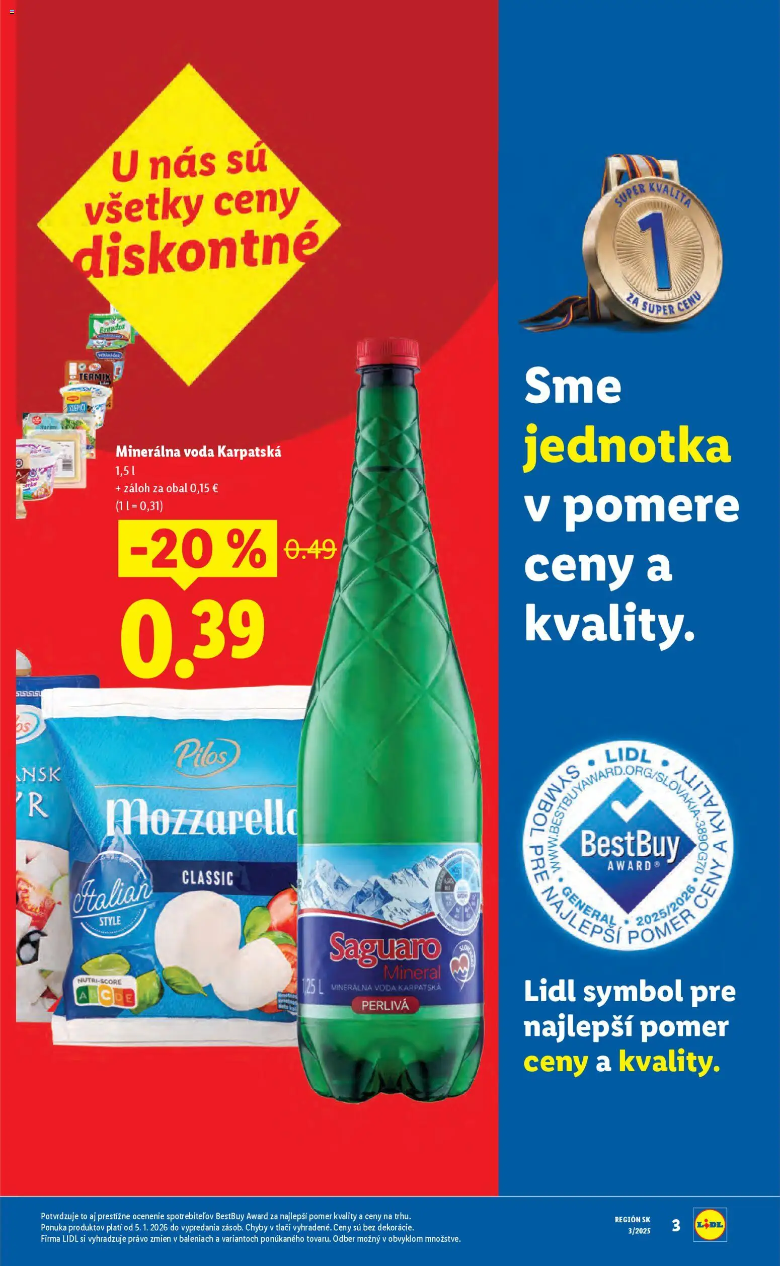 Nové Lidl akcie – leták je platný od 15.01.2026 | Strana: 3 | Produkty: Mozzarella, Voda, Minerálna voda