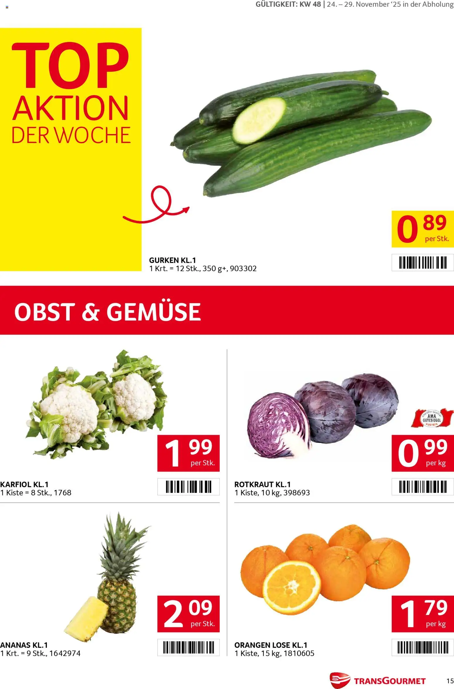 Transgourmet Flugblatt gültig ab 24.11.2025 | Seite: 15 | Produkte: Gurken, Gemüse, Obst, Orangen