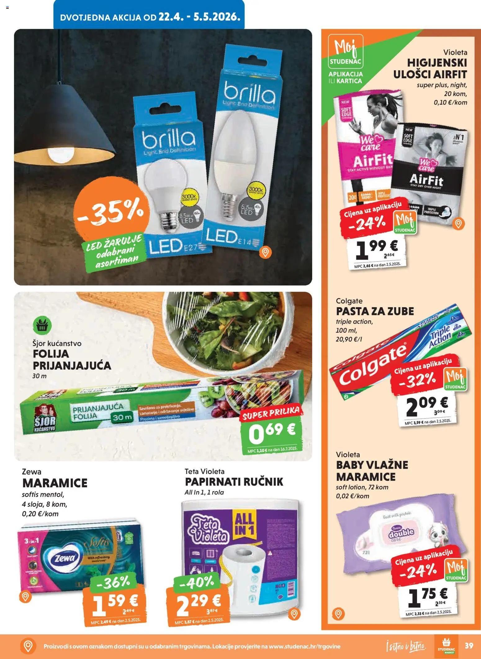 Studenac katalog | vrijedi od 29.04.2026 | Stranica: 39 | Proizvodi: Pasta za zube, Žarulje, Zewa, Violeta