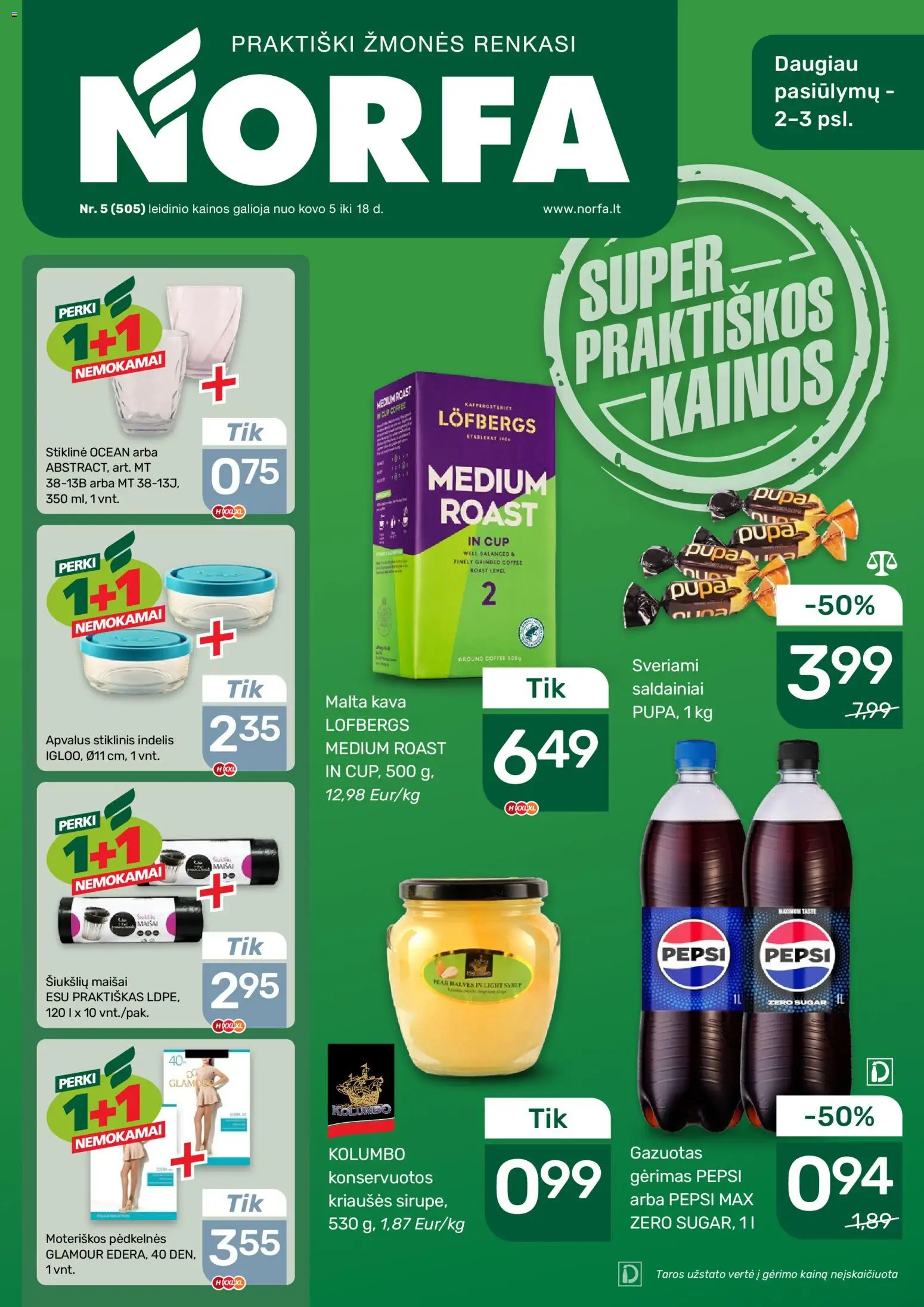 NORFA akcijos nuo 05.03.2026 | Puslapis: 1 | Prekių: Pėdkelnės, Kava, Saldainiai