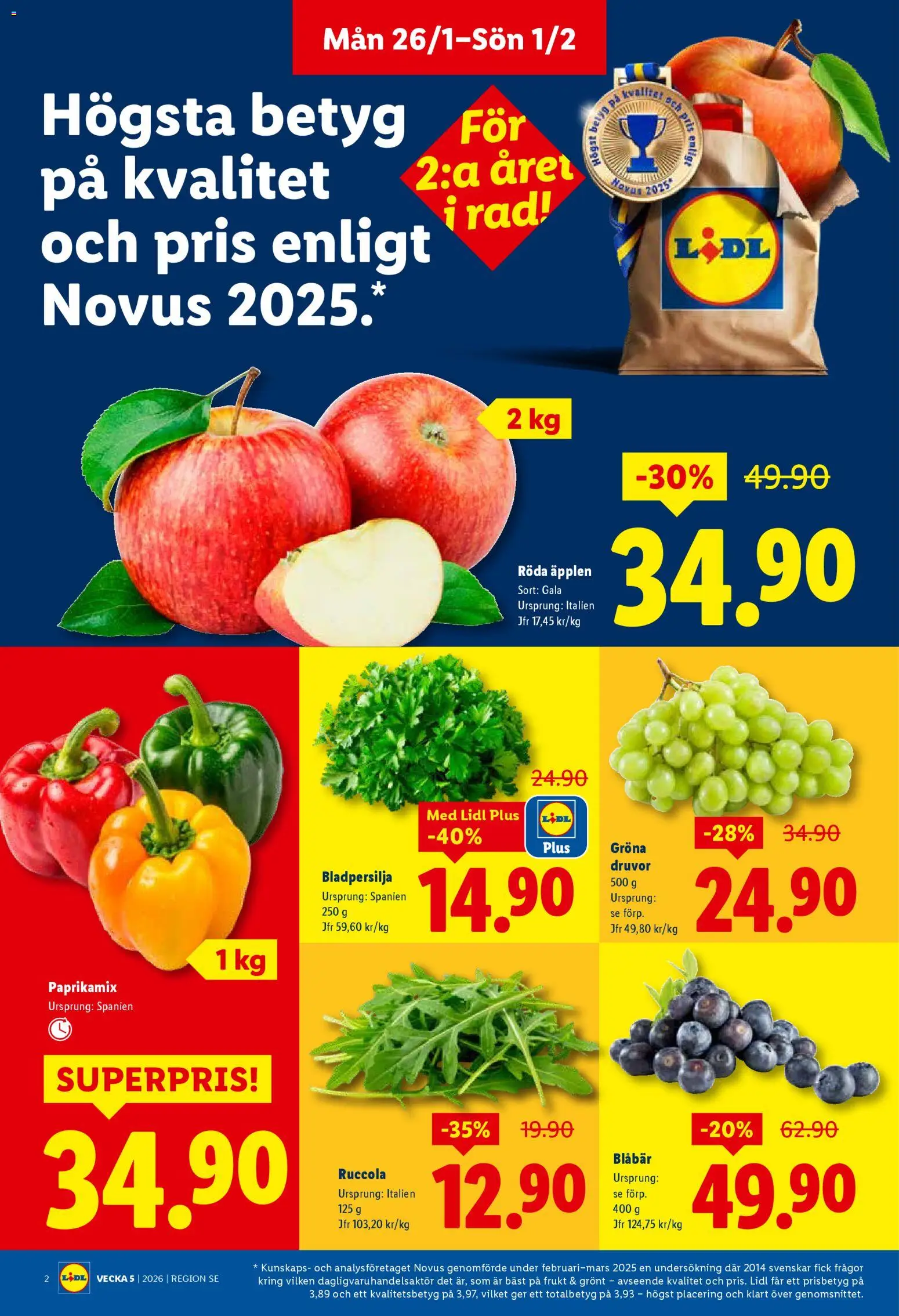 Lidl reklamblad aktuell från 26.01.2026 | Sida: 2 | Produkter: Äpplen, Blåbär, Ruccola