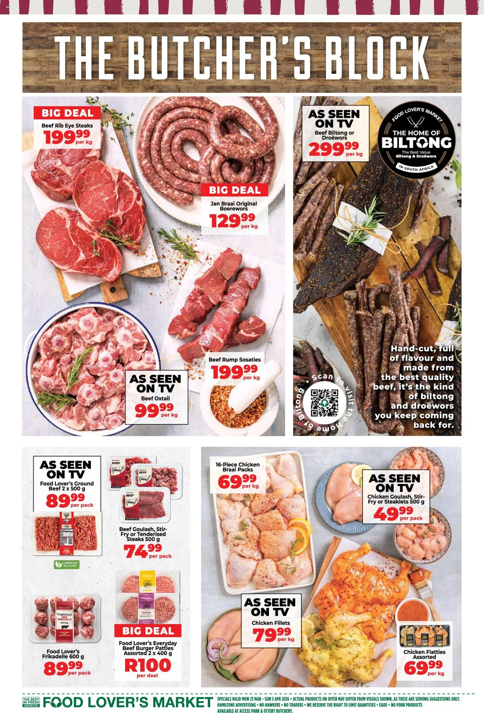 New Food Lover's Market catalogue – valid from 23.03.2026 | Page: 8 | Products: Boerewors, Chicken, Pork, Beef