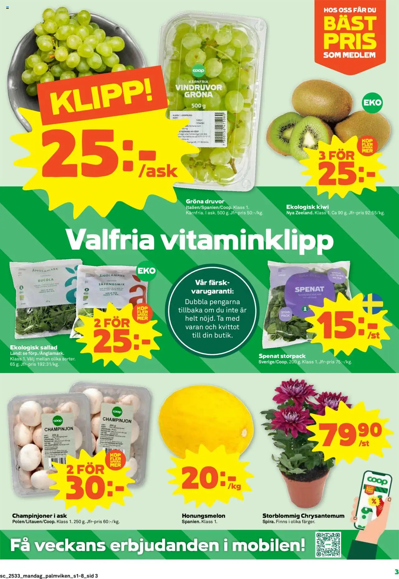 Stora Coop reklamblad aktuell från 11.08.2025 | Sida: 3 | Produkter: Honungsmelon, Vindruvor, Spenat, Sallad