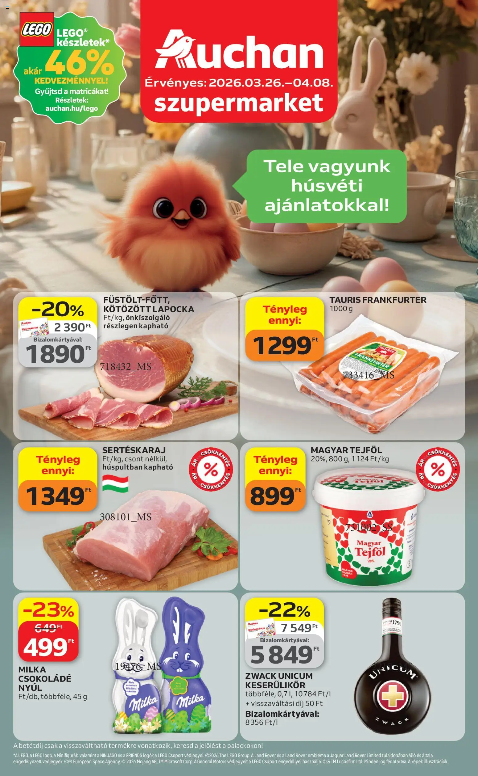 Auchan akciós ujság - amely érvényes a következő dátumtól: 26.03.2026 | Oldal: 1 | Termékek: Sertéskaraj, Csokoládé, Tejföl