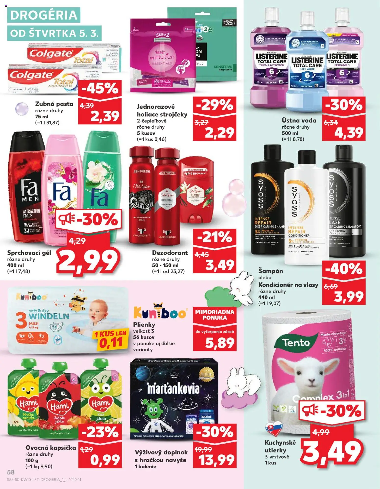 Nové Kaufland akcie – leták je platný od 05.03.2026 | Strana: 58 | Produkty: Protein, Kondicionér, Dezodorant, Plienky