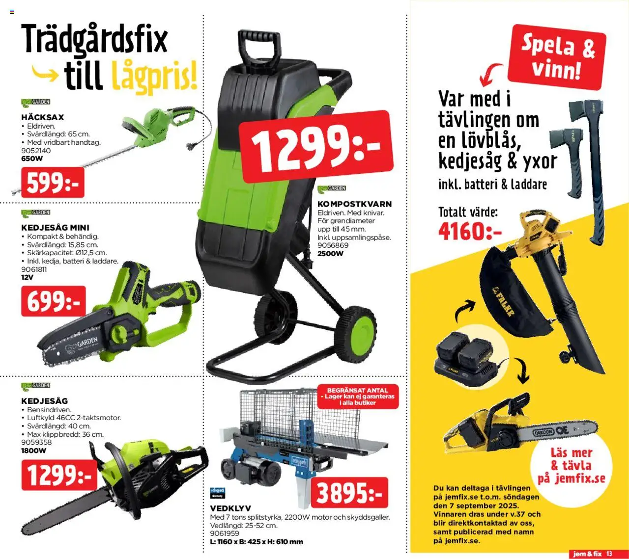 Jem & Fix reklamblad aktuell från 25.08.2025 | Sida: 13 | Produkter: Häcksax, Vedklyv, Batteri, Laddare