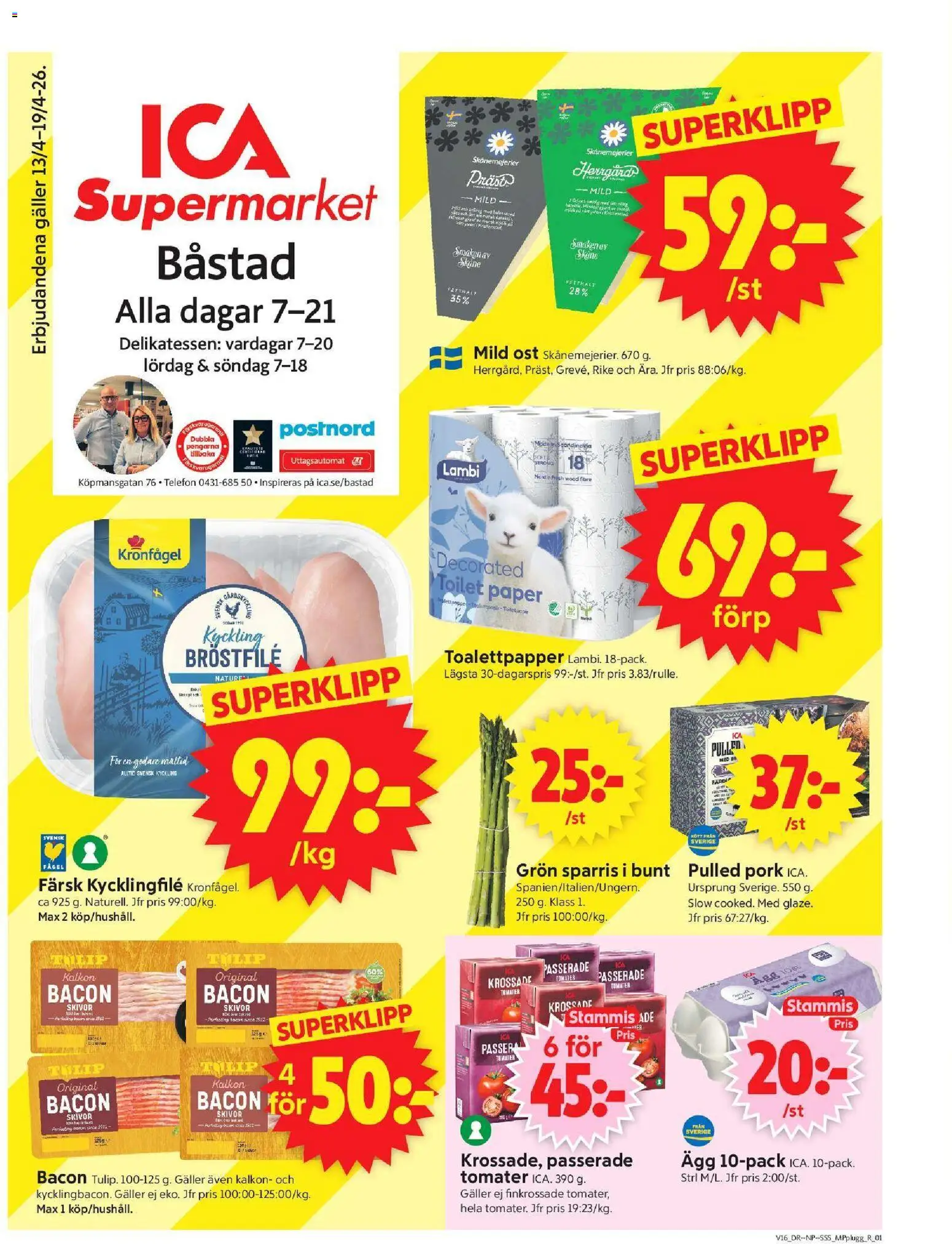 ICA Supermarket reklamblad aktuell från 13.04.2026 | Sida: 1 | Produkter: Krossade tomater, Galler, Tomater, Sparris