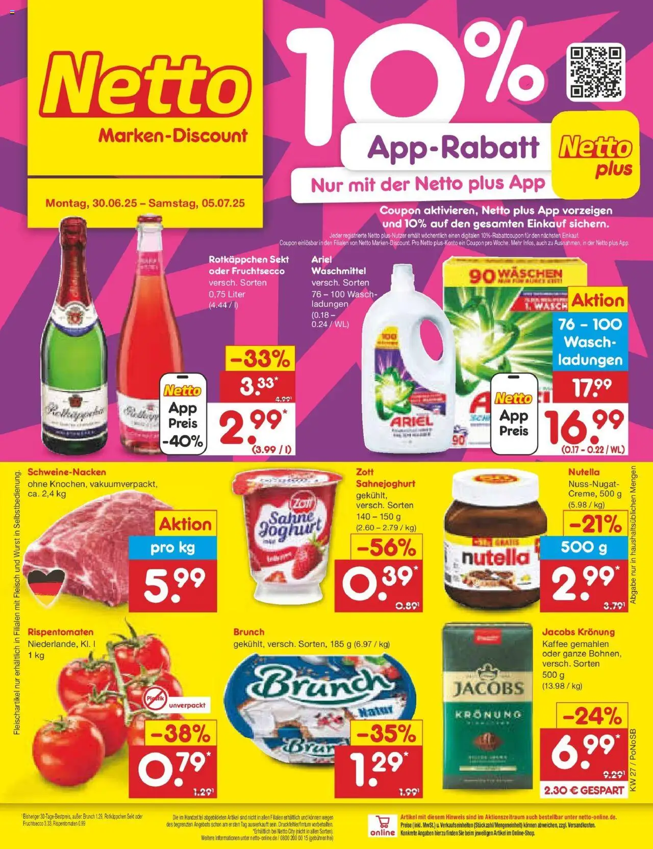 Netto Marken-Discount prospekt Amberg	 - gültig ab dem 29.06.2025 | Seite: 1 | Produkte: Schweinenacken, Nutella, Fruchtsecco, Rotkäppchen