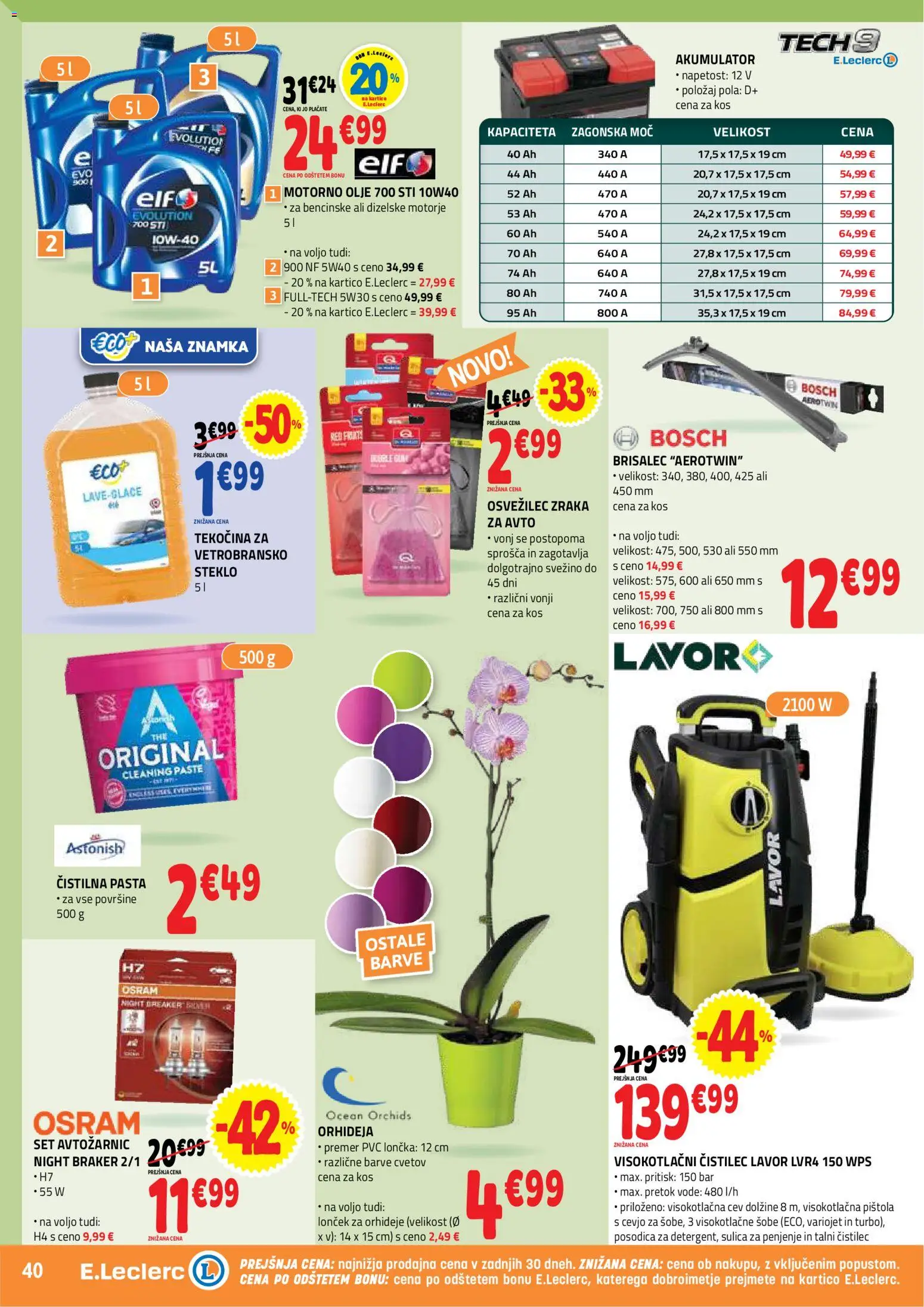Novi E.leclerc katalog ponudbe – veljaven od 01.04.2026 | Stran: 40 | Izdelki: Kos, Akumulator, Olje