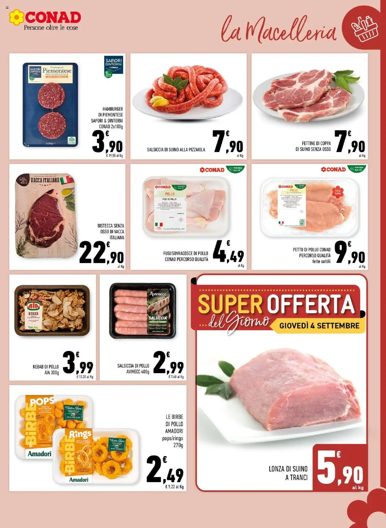 Volantino Conad del 27.08.2025 | Pagina: 5 | Prodotti: Petto di Pollo, Pollo, Salsiccia, Hamburger