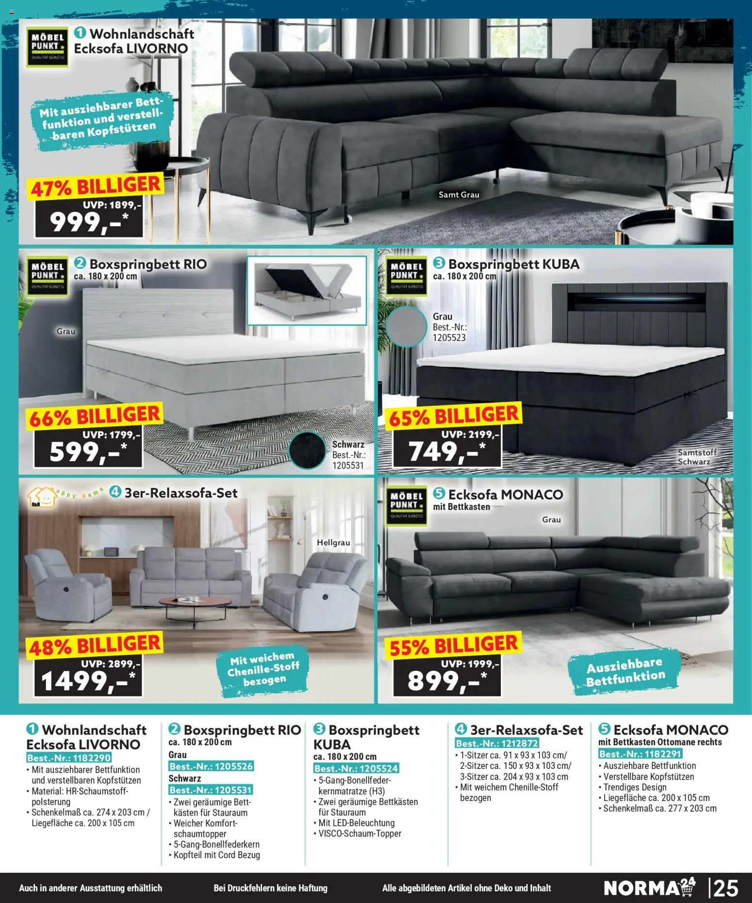 Norma Bestellmagazin November 2025 – gültig ab 01.11.2025 | Seite: 25 | Produkte: Wohnlandschaft, Ecksofa, Bett, Boxspringbett