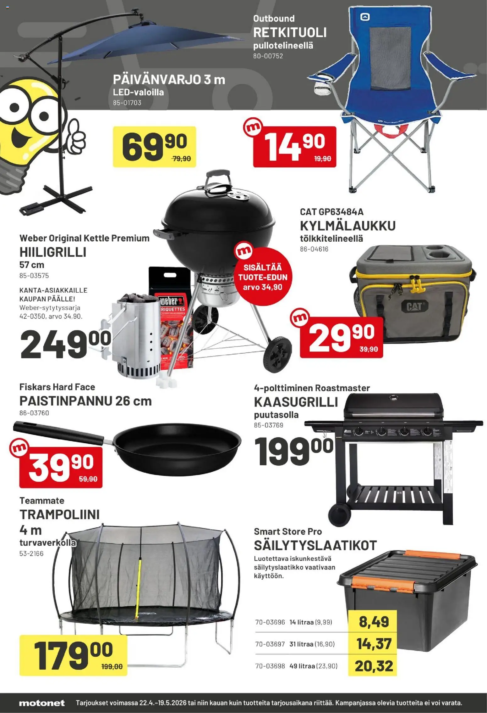 Motonet tarjoukset – voimassa 22.04.2026 alkaen | Sivu: 12 | Tuotteet: Kaasugrilli, Päivänvarjo, Voi, Kylmälaukku