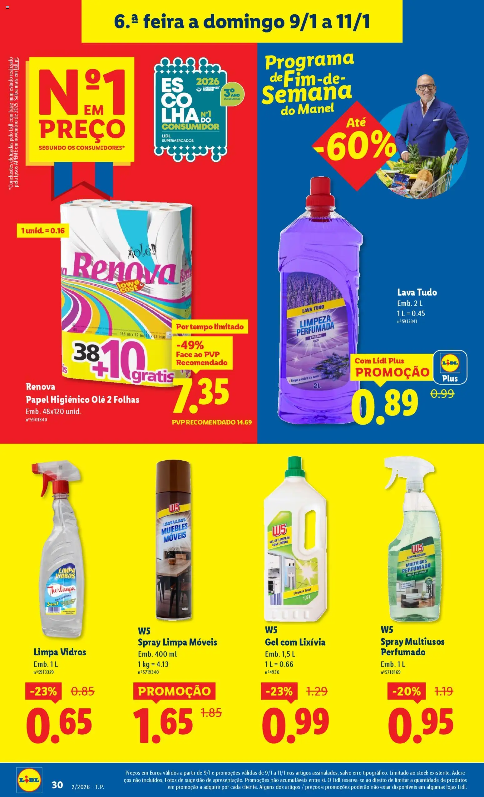 Lidl folheto │ válido de 05.01.2026 | Página: 30 | Produtos: Papel higiénico, Limpa móveis, Limpa vidros, Gel de limpeza
