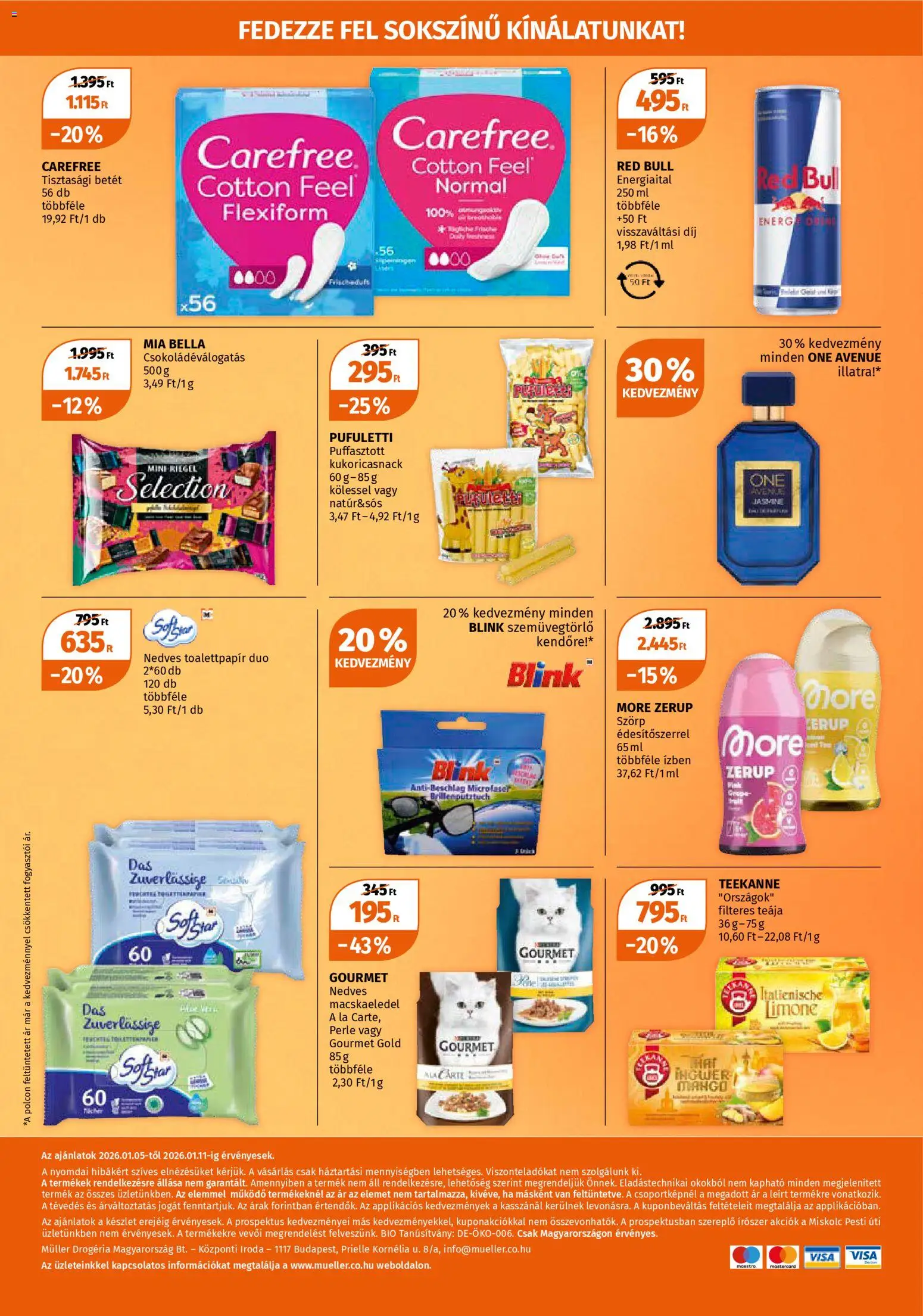Müller akciós ujság - amely érvényes a következő dátumtól: 05.01.2026 | Oldal: 12 | Termékek: Macskaeledel, Red bull, Tisztasági betét, Mangó