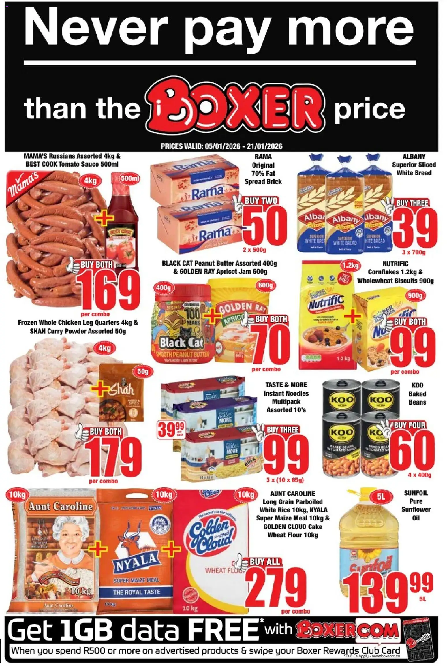 New Boxer catalogue – valid from 05.01.2026 | Page: 1 | Products: Baked beans, Bread, Chicken, Rice