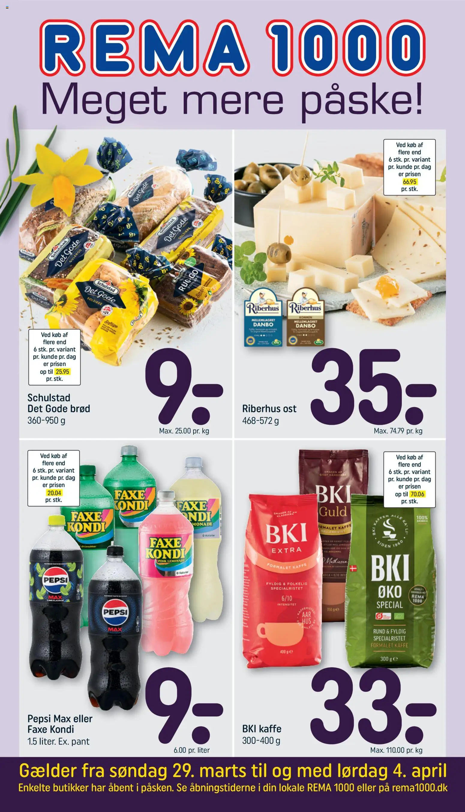 Rema 1000 tilbudsavis – gyldig fra 28.03.2026 | Side: 1 | Produkter: Ost, Brød, Kaffe, Faxe Kondi