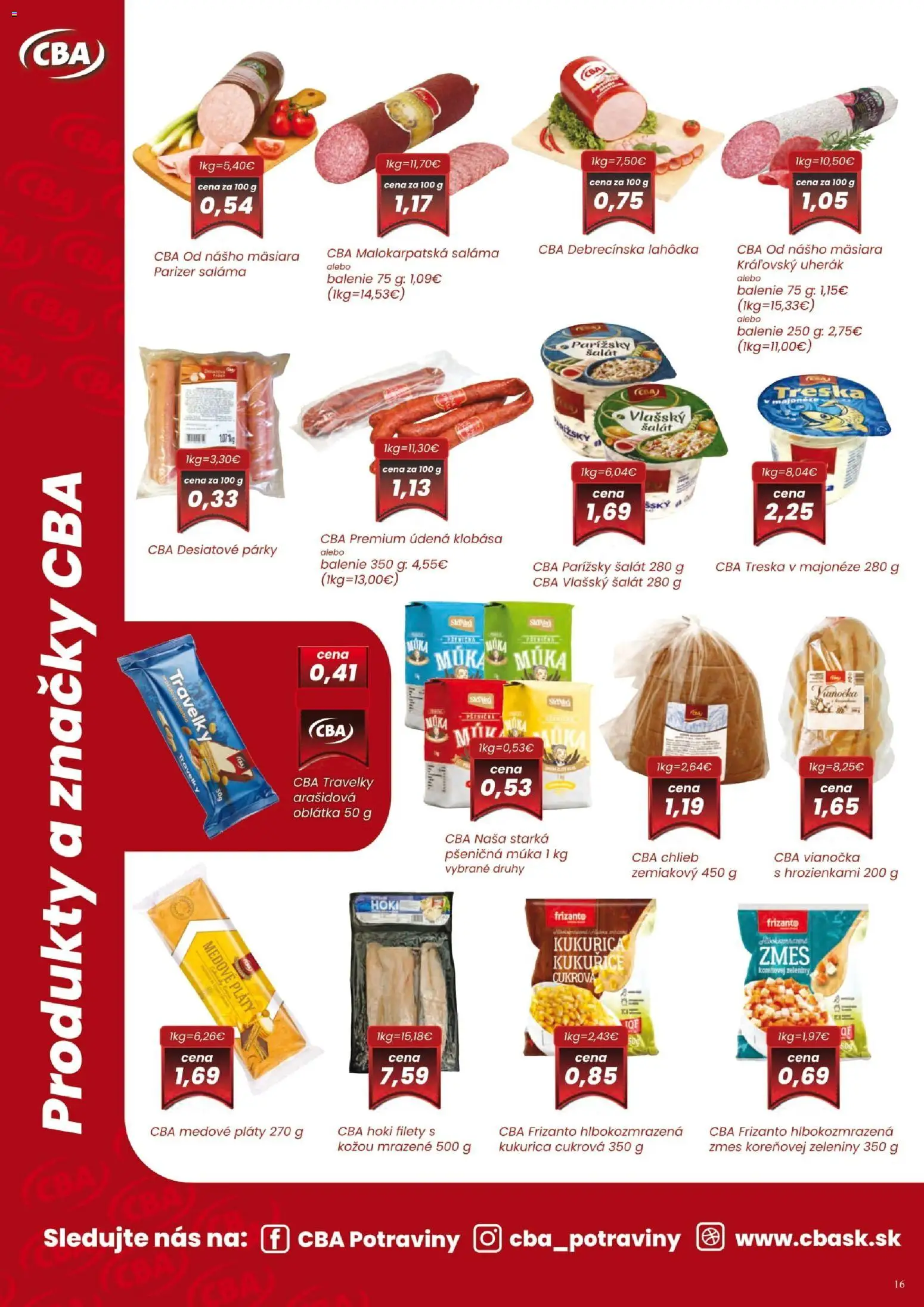 Nové KARMEN CBA akcie – leták je platný od 01.12.2025 | Strana: 16 | Produkty: Klobása, Šalát, Párky, Treska