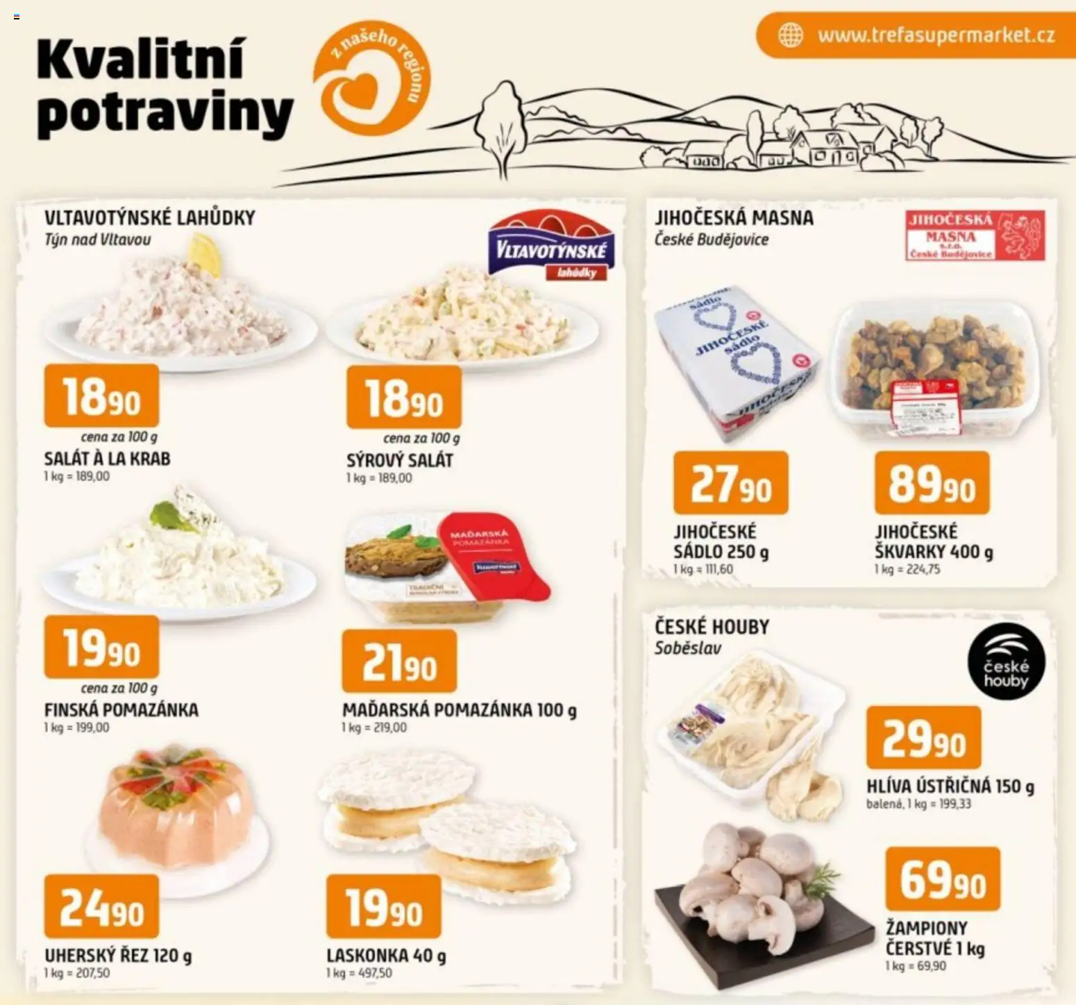 Trefa leták - Kvalitní potraviny z našeho regionu od 12.11.2025 | Strana: 1 | Produkty: Žampiony, Hlíva ústřičná, Škvarky, Potraviny