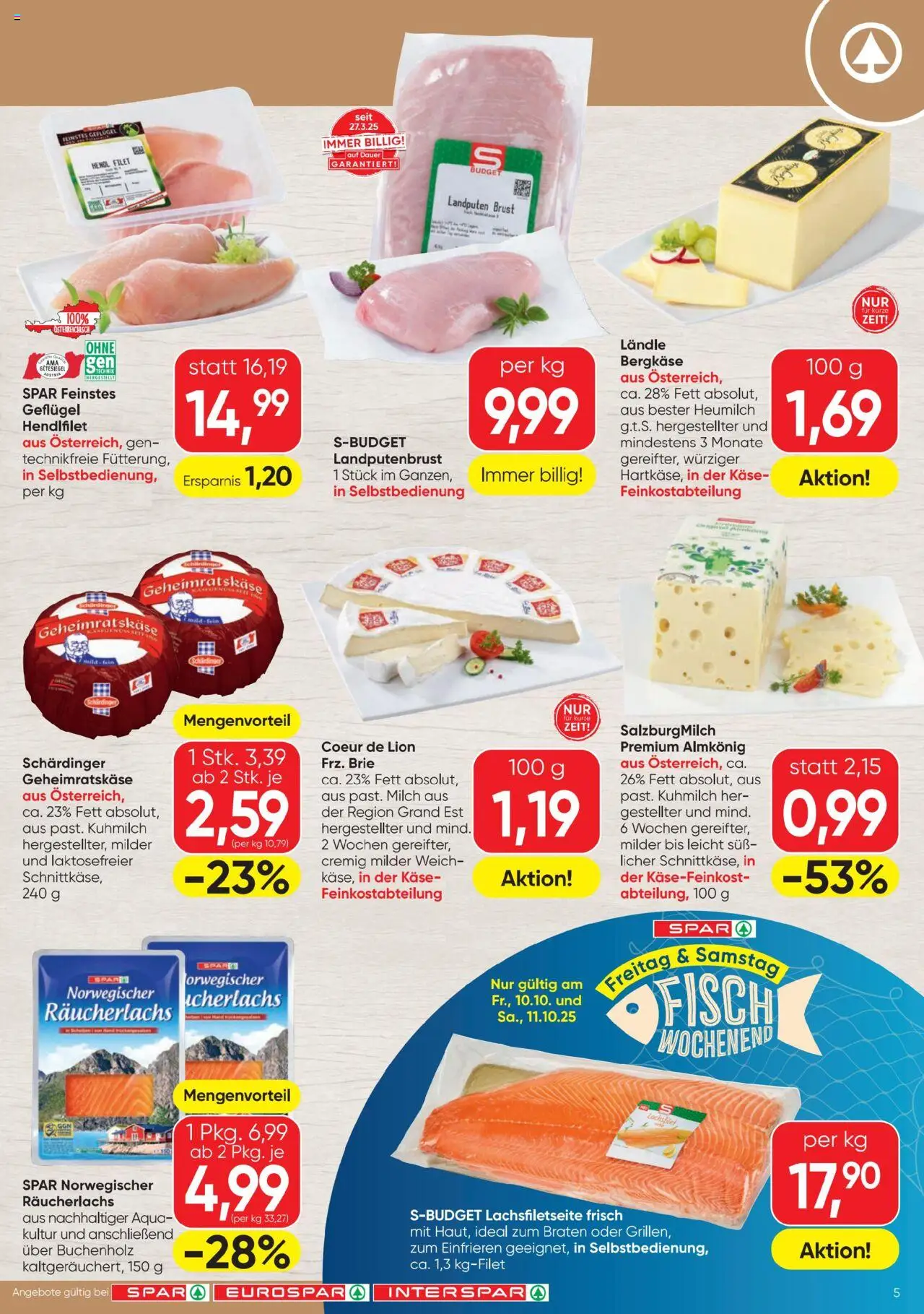 Spar Flugblatt gültig ab 09.10.2025 | Seite: 5 | Produkte: Milch, Käse, Fisch