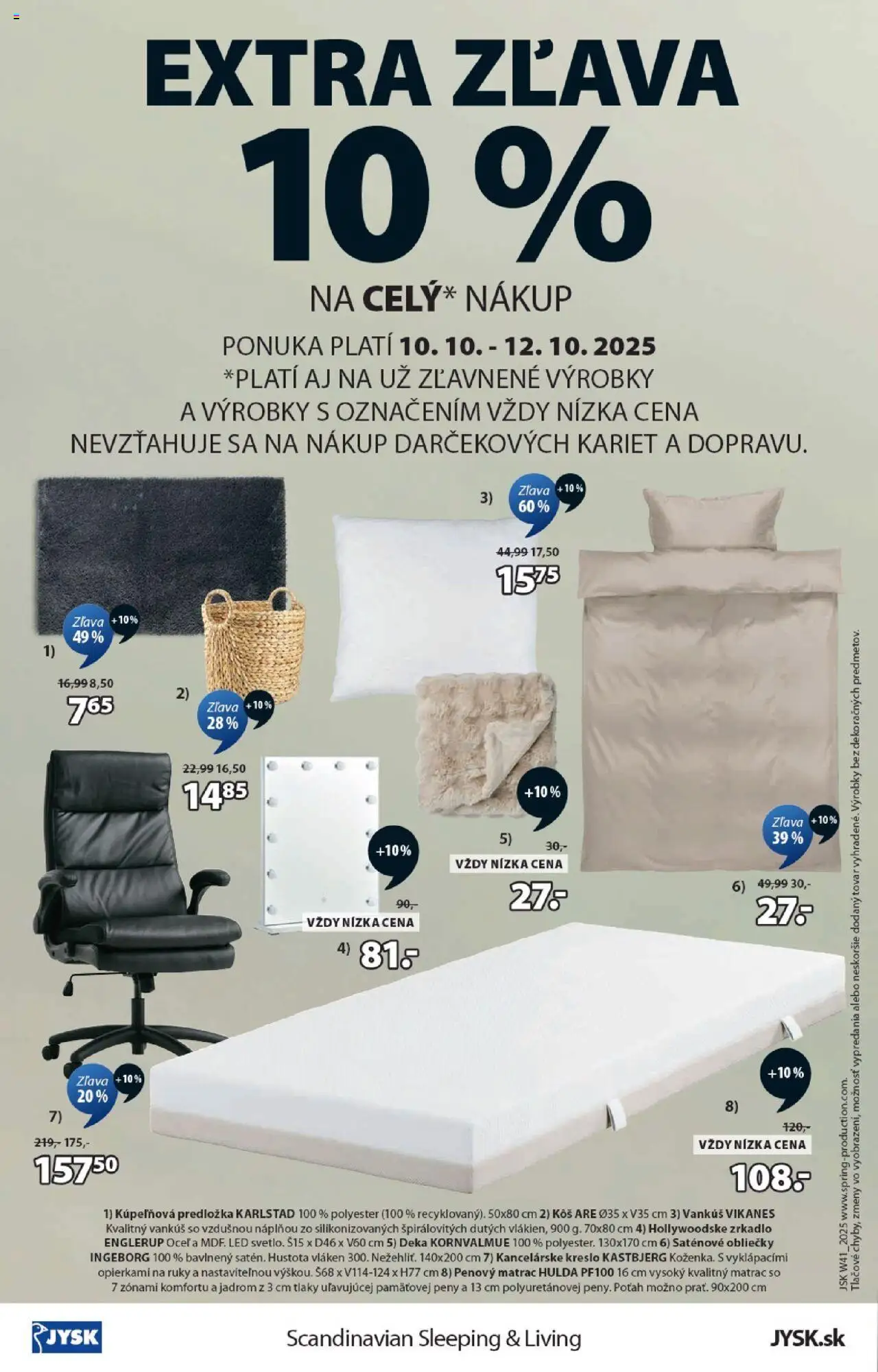 Nové JYSK akcie – leták je platný od 08.10.2025 | Strana: 12 | Produkty: Matrac, Obliečky, Vankúš, Zrkadlo