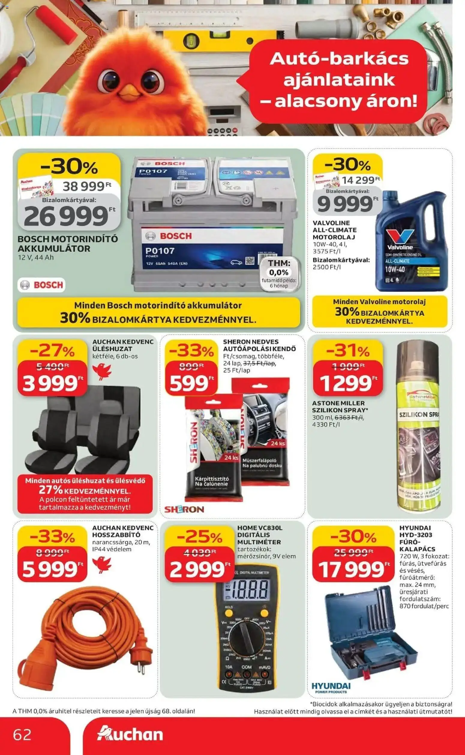 Auchan akciós ujság - amely érvényes a következő dátumtól: 19.03.2026 | Oldal: 62 | Termékek: Kalapács, Hosszabbító, Akkumulátor, Motorolaj