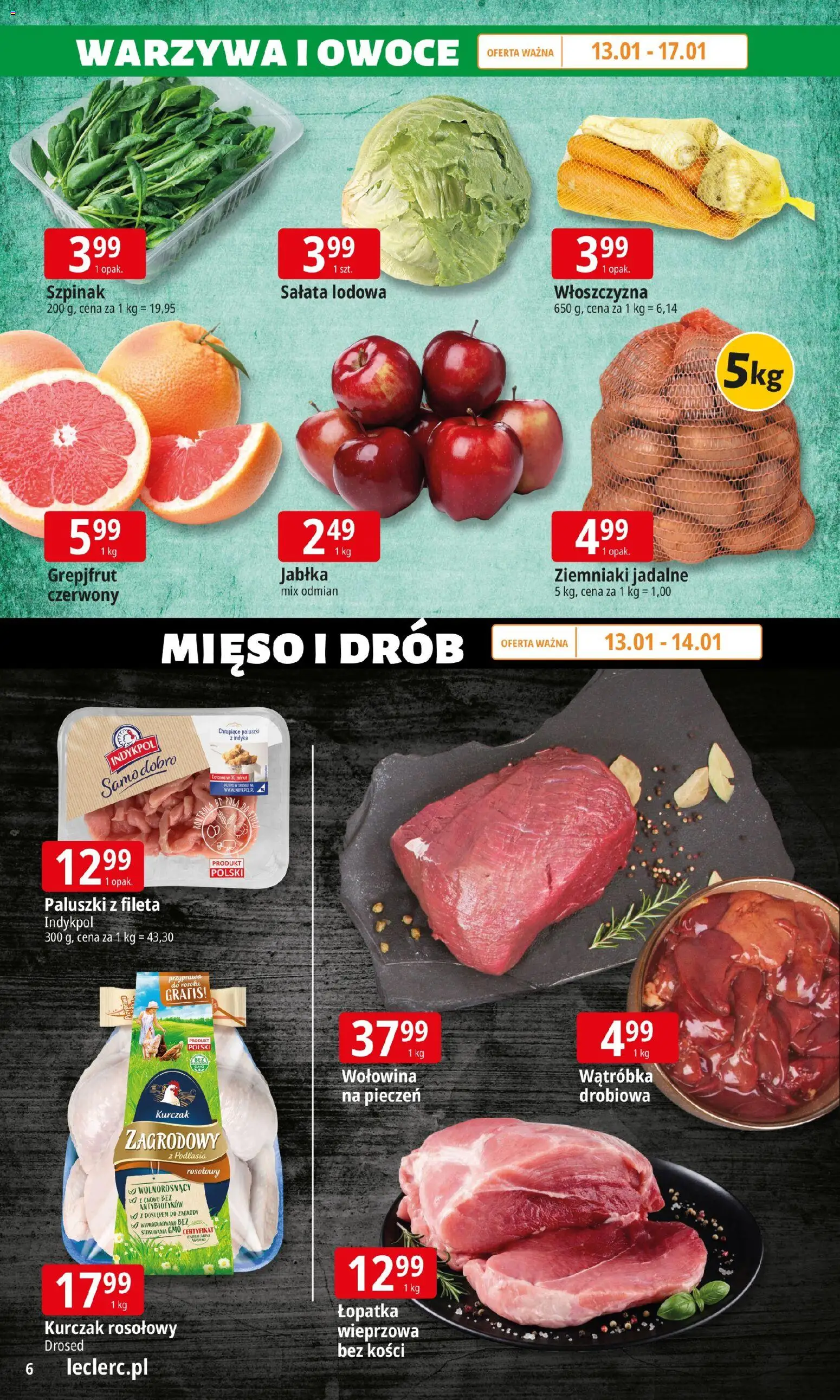 E.Leclerc Gazetka - Zamość od 13.01.2026 | Strona: 6 | Produkty: Szpinak, Jabłka, Ziemniaki, Owoce