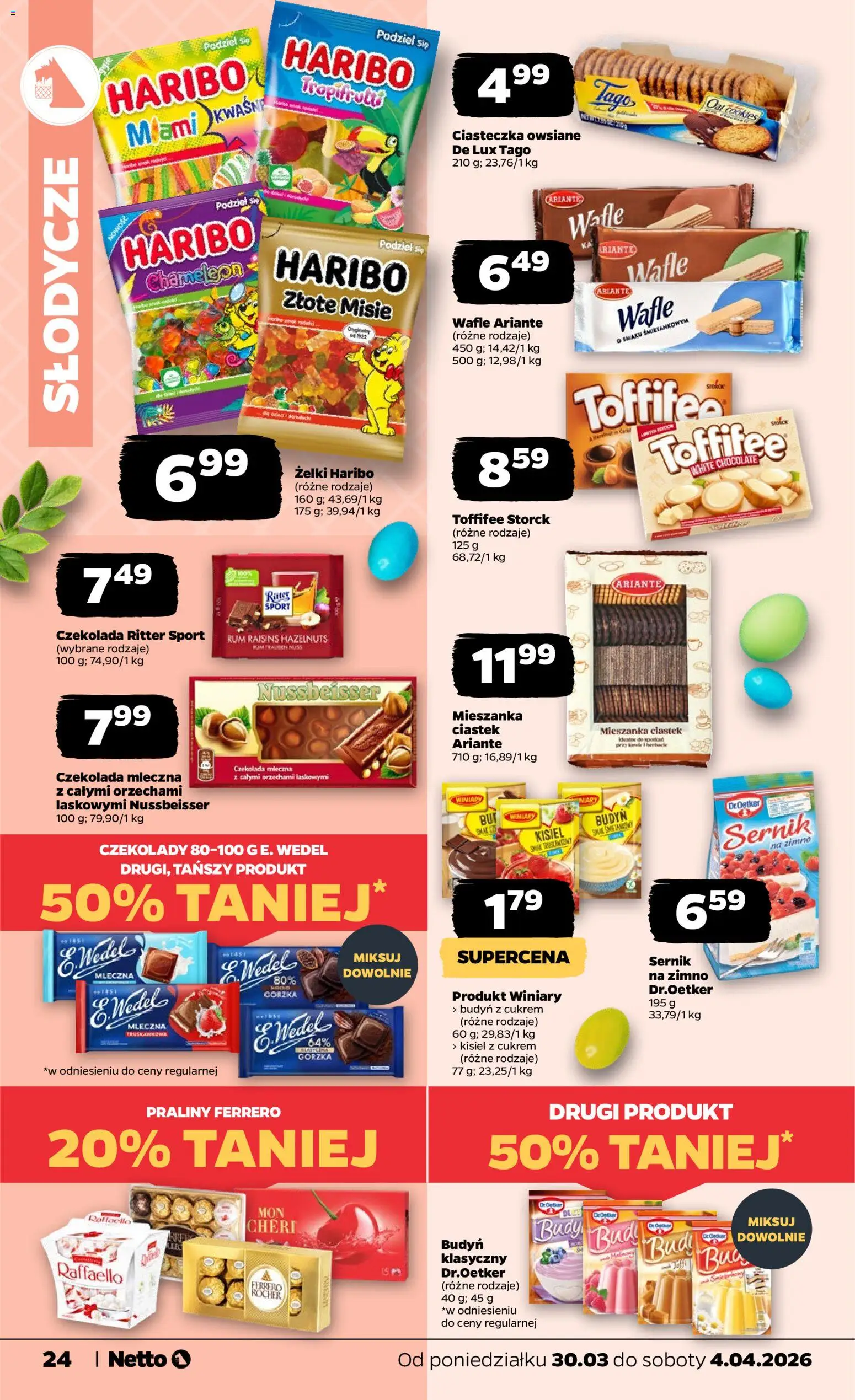 Netto gazetka od poniedziałku spożywcza od 30.03.2026 | Strona: 24 | Produkty: Wafle, Czekolada mleczna, Rum, Ciasteczka
