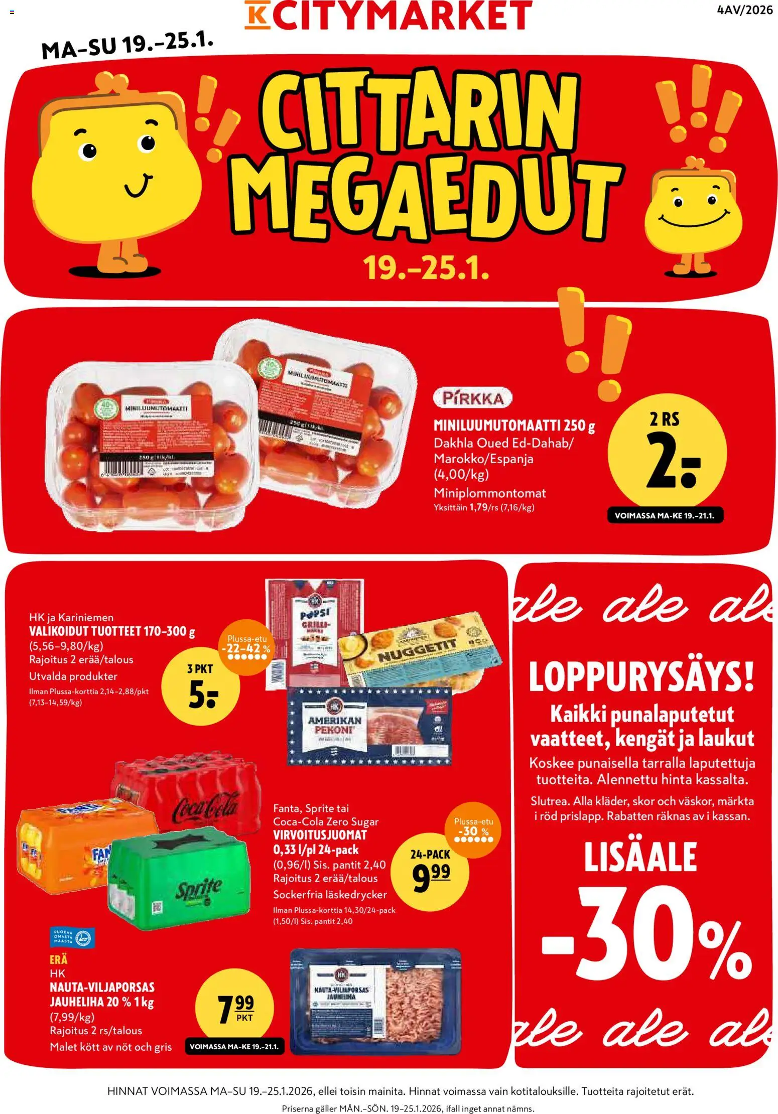 K-Citymarket tarjoukset – voimassa 19.01.2026 alkaen | Sivu: 1 | Tuotteet: Jauheliha, Virvoitusjuomat, Sprite, Pekoni