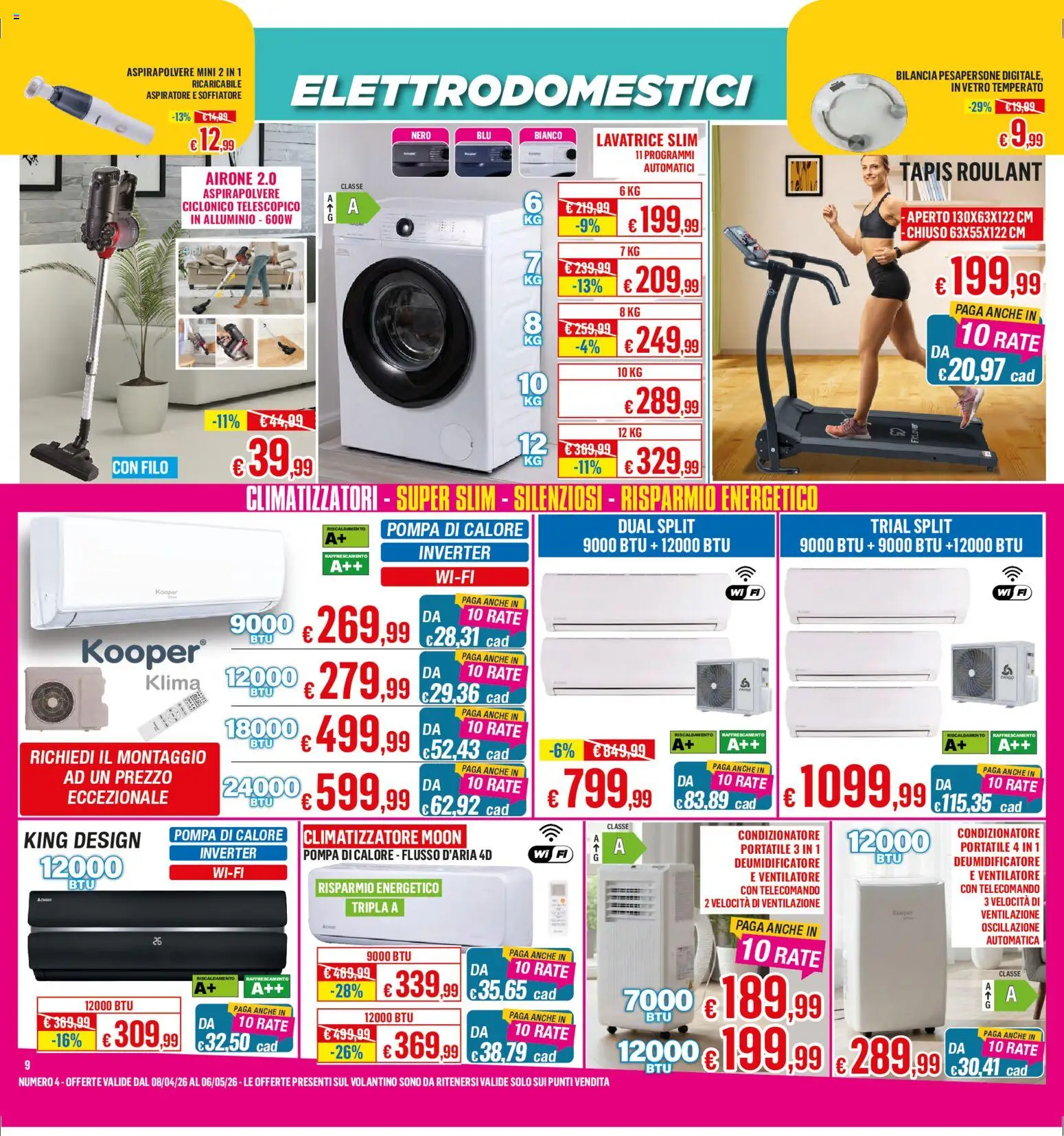 Volantino Satur del 08.04.2026 | Pagina: 9 | Prodotti: Climatizzatore, Deumidificatore, Lavatrice, Aspirapolvere