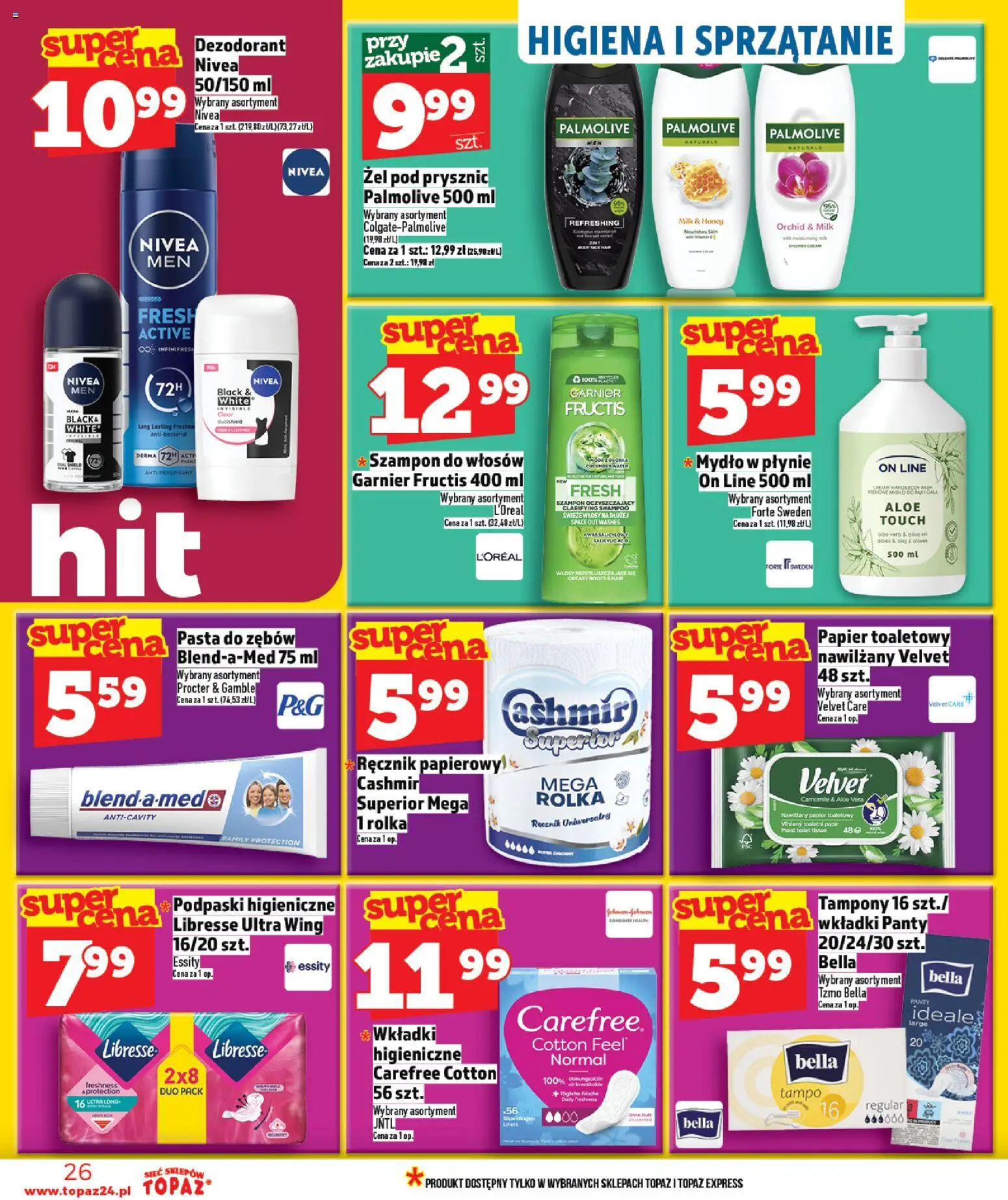 Topaz gazetka - Ceny małe na stałe od 09.04.2026 | Strona: 26 | Produkty: Tampony, Żel pod prysznic, Dezodorant, Pasta do zębów