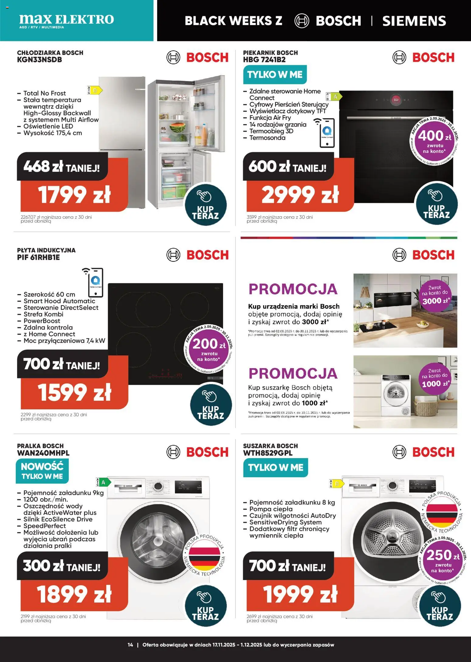 Max elektro Black Friday od 17.11.2025 | Strona: 14 | Produkty: Płyta indukcyjna, Pralka, Suszarka, Piekarnik