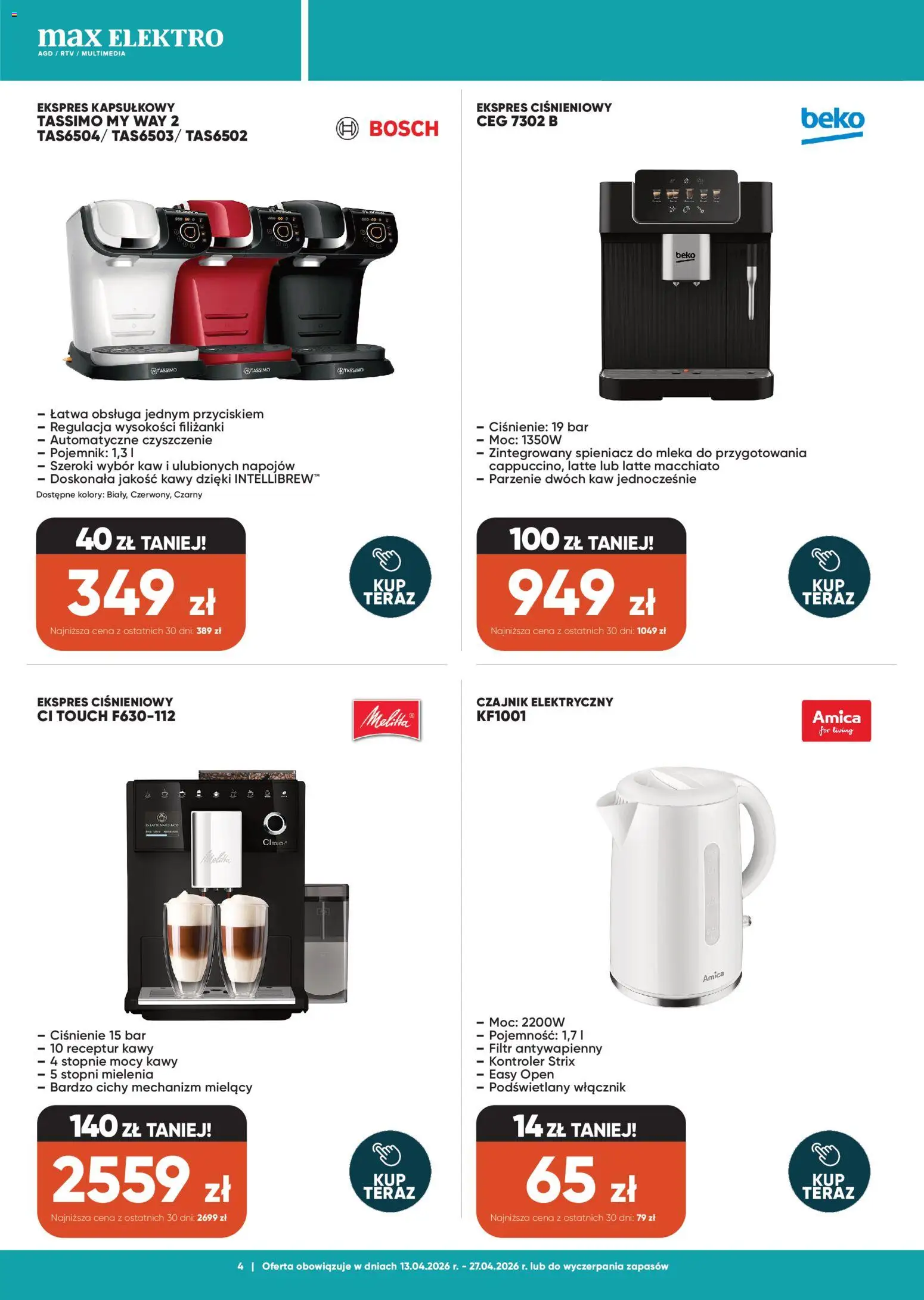 Max elektro gazetka od 13.04.2026 | Strona: 4 | Produkty: Czajnik, Mleka, Kontroler, Spieniacz do mleka
