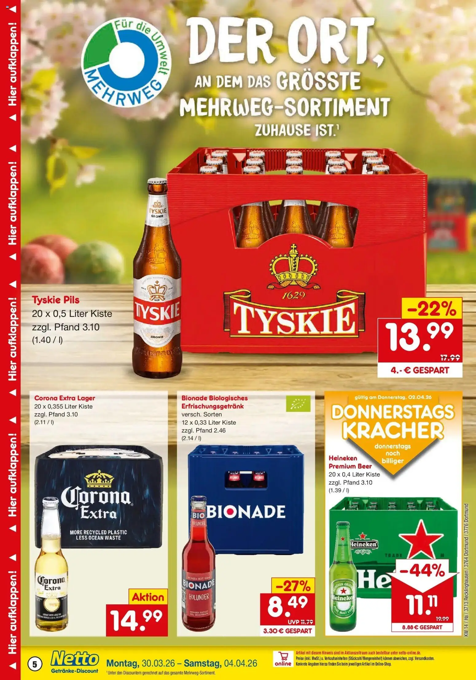 Netto Marken-Discount Prospekt Dortmund	 – gültig ab 30.03.2026 | Seite: 5 | Produkte: Tyskie, Pils, Bionade, Heineken
