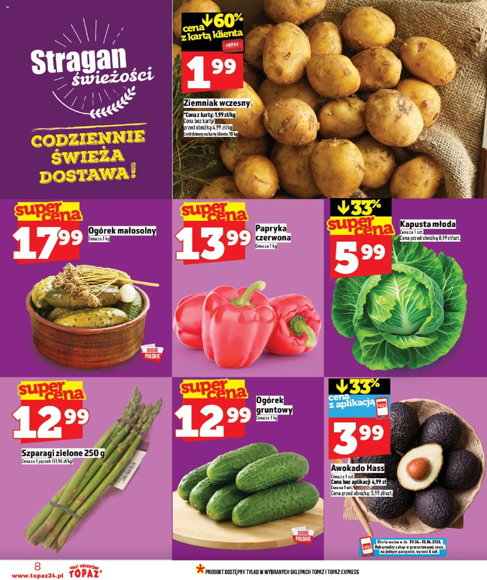 Topaz gazetka od 09.04.2026 | Strona: 8 | Produkty: Kapusta, Karta, Szparagi, Awokado