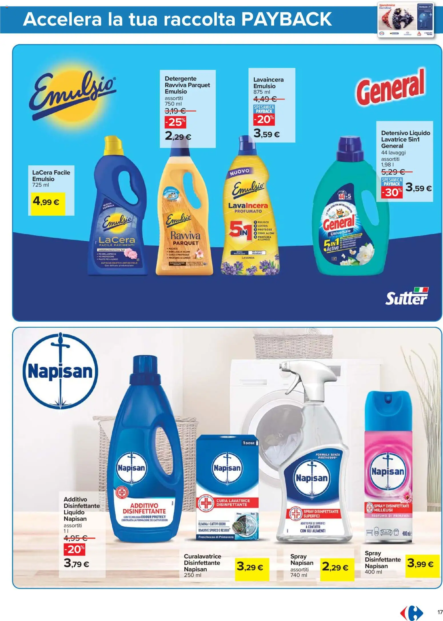 Volantino Carrefour del 21.04.2026 | Pagina: 17 | Prodotti: Spray disinfettante, Detergente, Lavatrice, Profumo